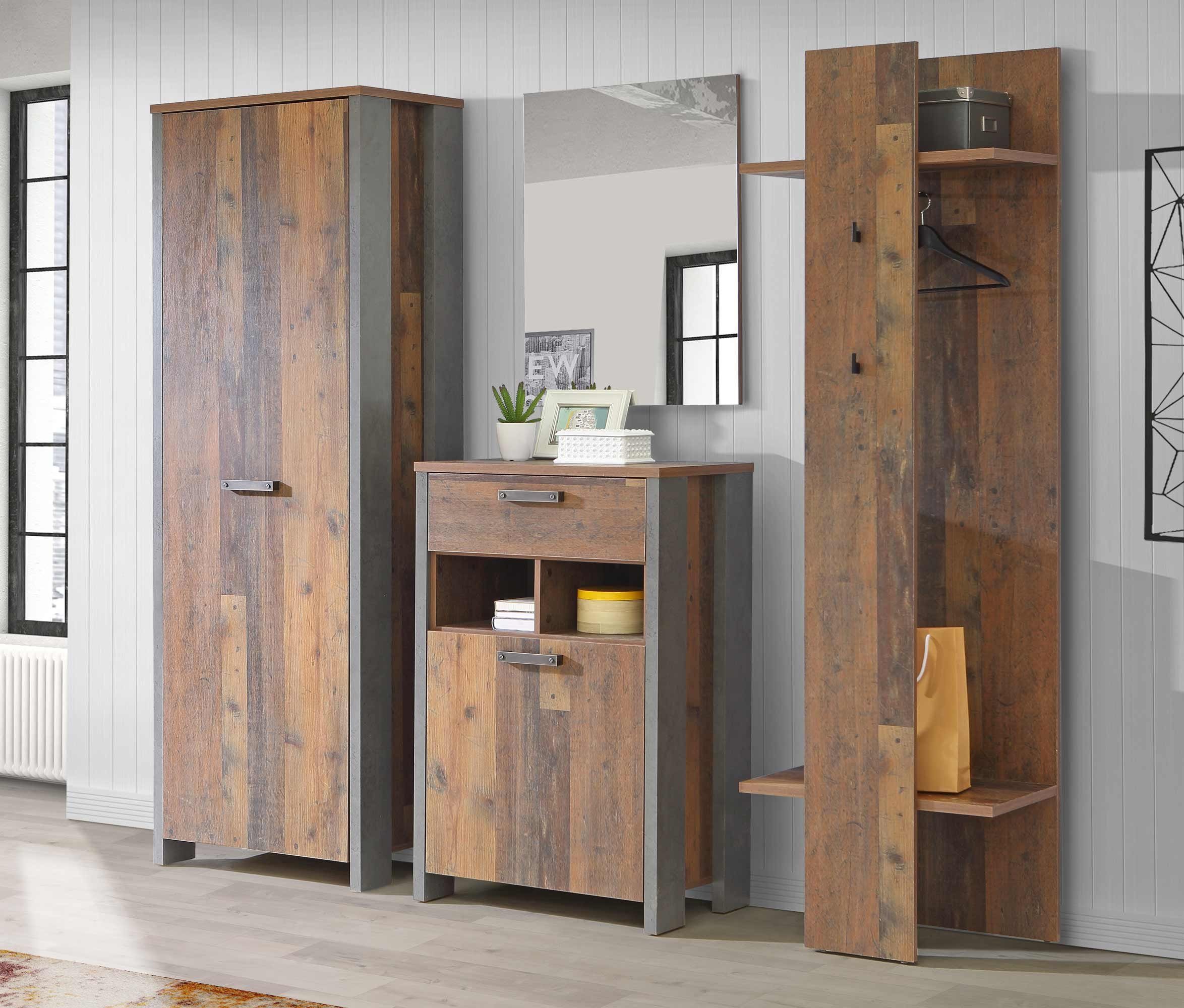 FORTE Garderoben-Set Garderobe CLIF Garderobenset 4-tlg. Optik: Old Wood Vintage von Forte, (Komplett-Set, Dielenschrank, Kommode, Spiegel, Garderobenpaneel)