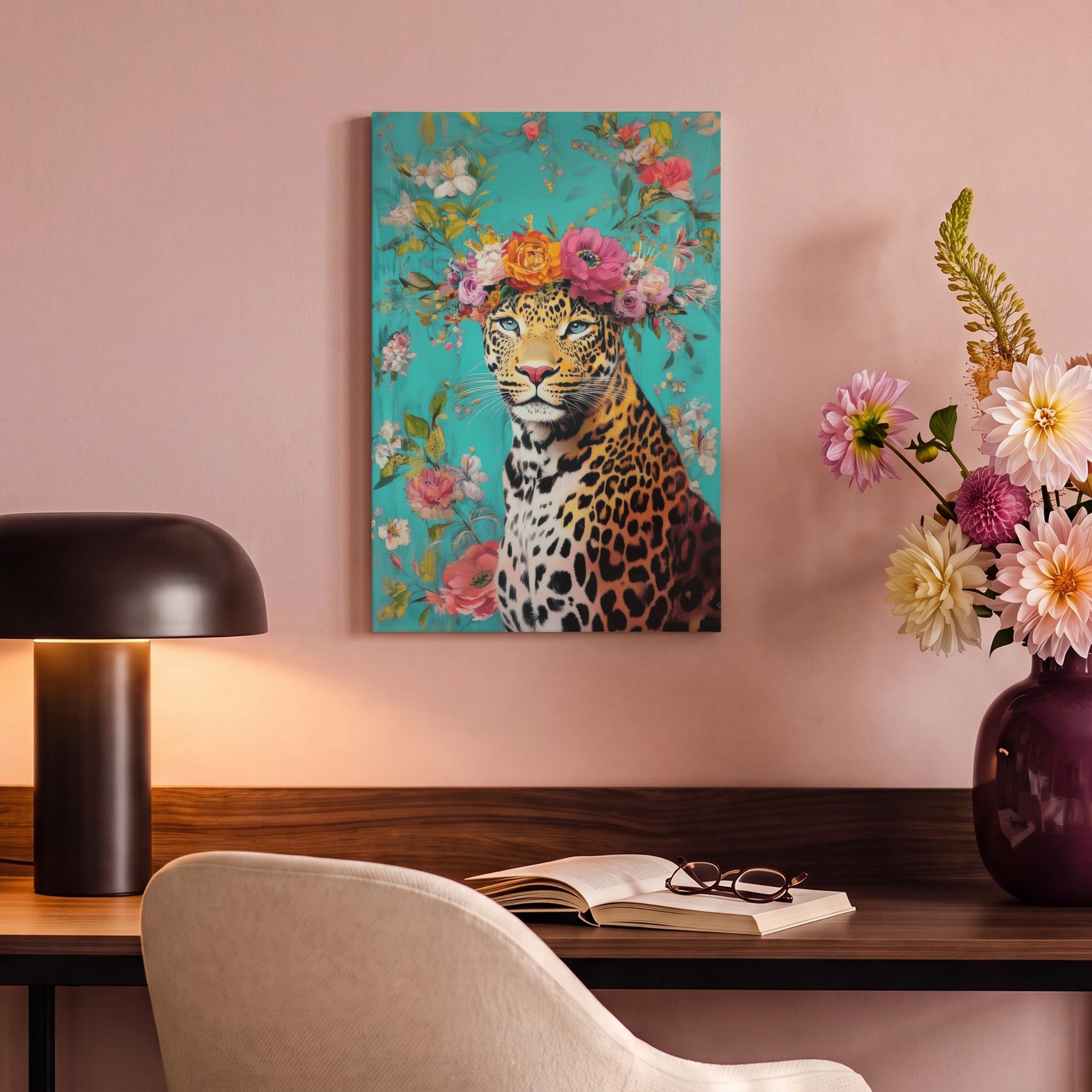 OneMillionCanvasses® Leinwandbild Leopard - Blumen - Krone, Fotodruck (1 St), Leinwand Canvas Wandbild, Wanddekoration 20x30 cm – Bild 4 von 5
