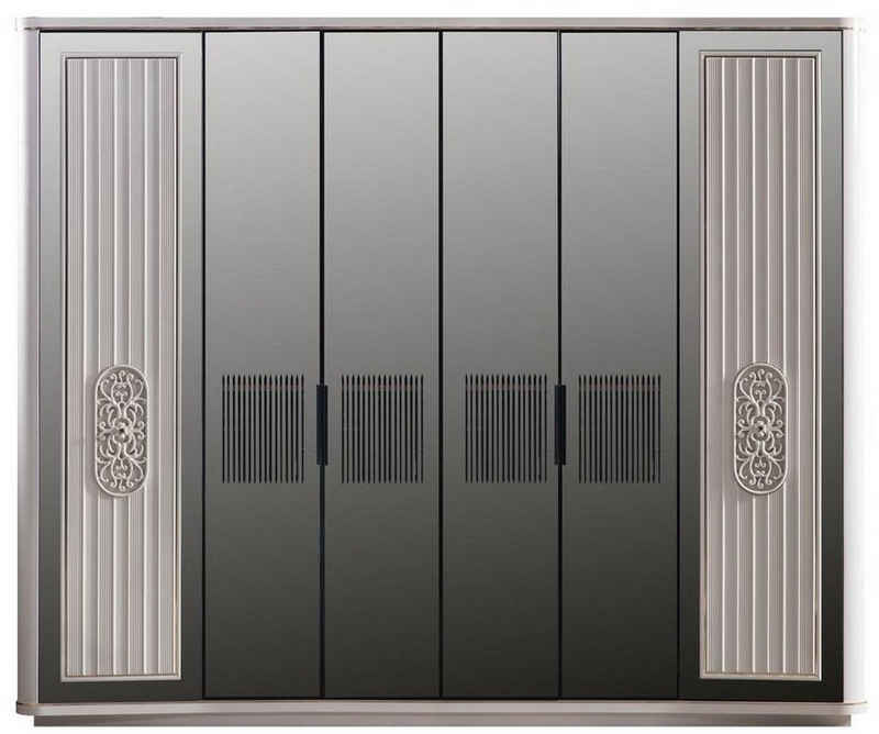Casa Padrino Kleiderschrank Luxus Art Deco Schlafzimmerschrank Weiß / Schwarz 265 x 67 x H. 220 cm - Edler Massivholz Kleiderschrank mit 6 verspiegelten Türen - Schlafzimmer Möbel - Luxus Qualität