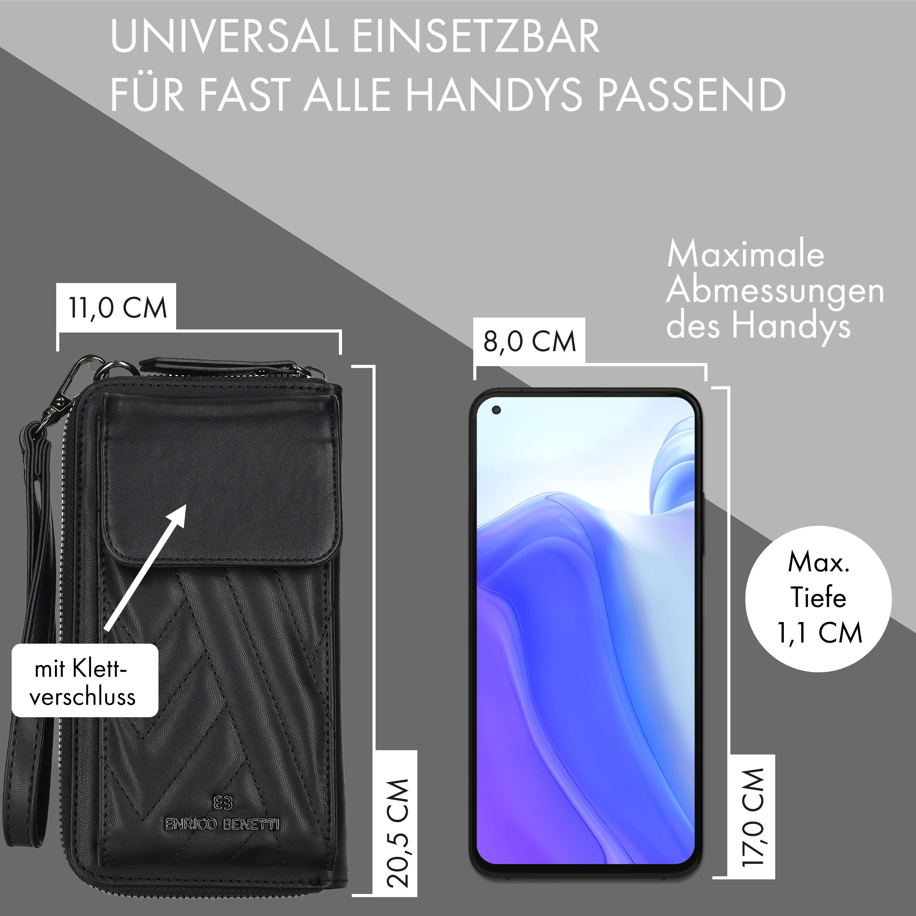 Enrico Benetti Handytasche Kleine Umhängetasche Damen - mit Geldbörse (2in1 Crossbody Tasche, 1-tlg., zum umhängen), kompatibel mit Apple iPhone 13, 14, 15, 16, 17 Pro, Pro Max, Plus