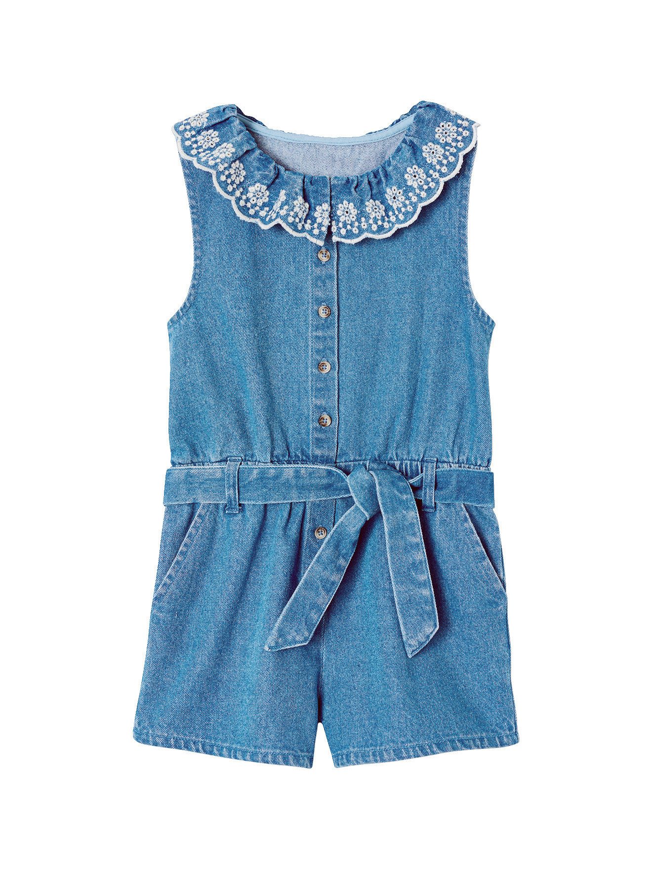 vertbaudet Jumpsuit Kurzoverall Denim bestickter Kragen Mädchen