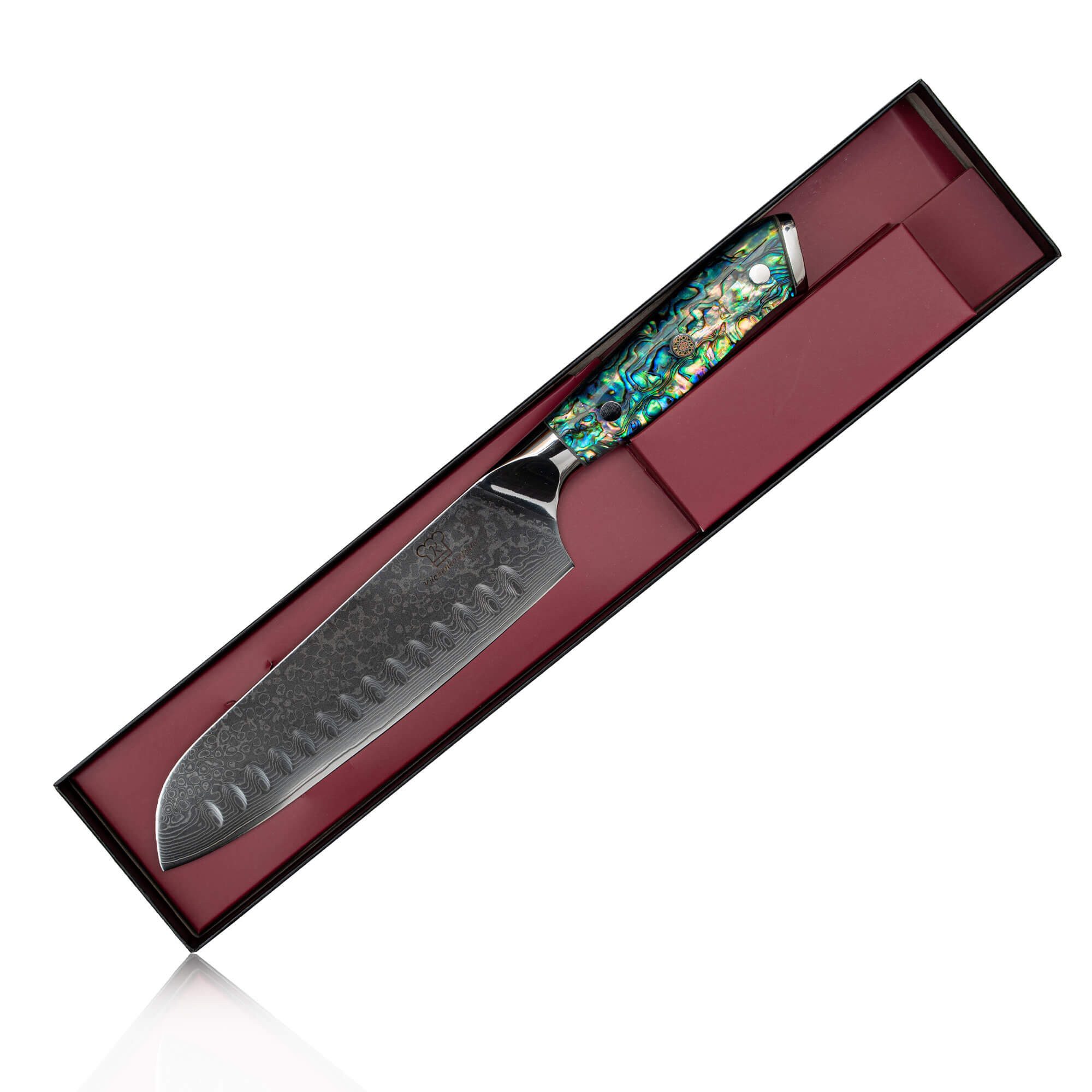 Küchenkompane Damastmesser Küchenkompane Santoku Sheru – 69 Lagen Damast – Abalone-Griff