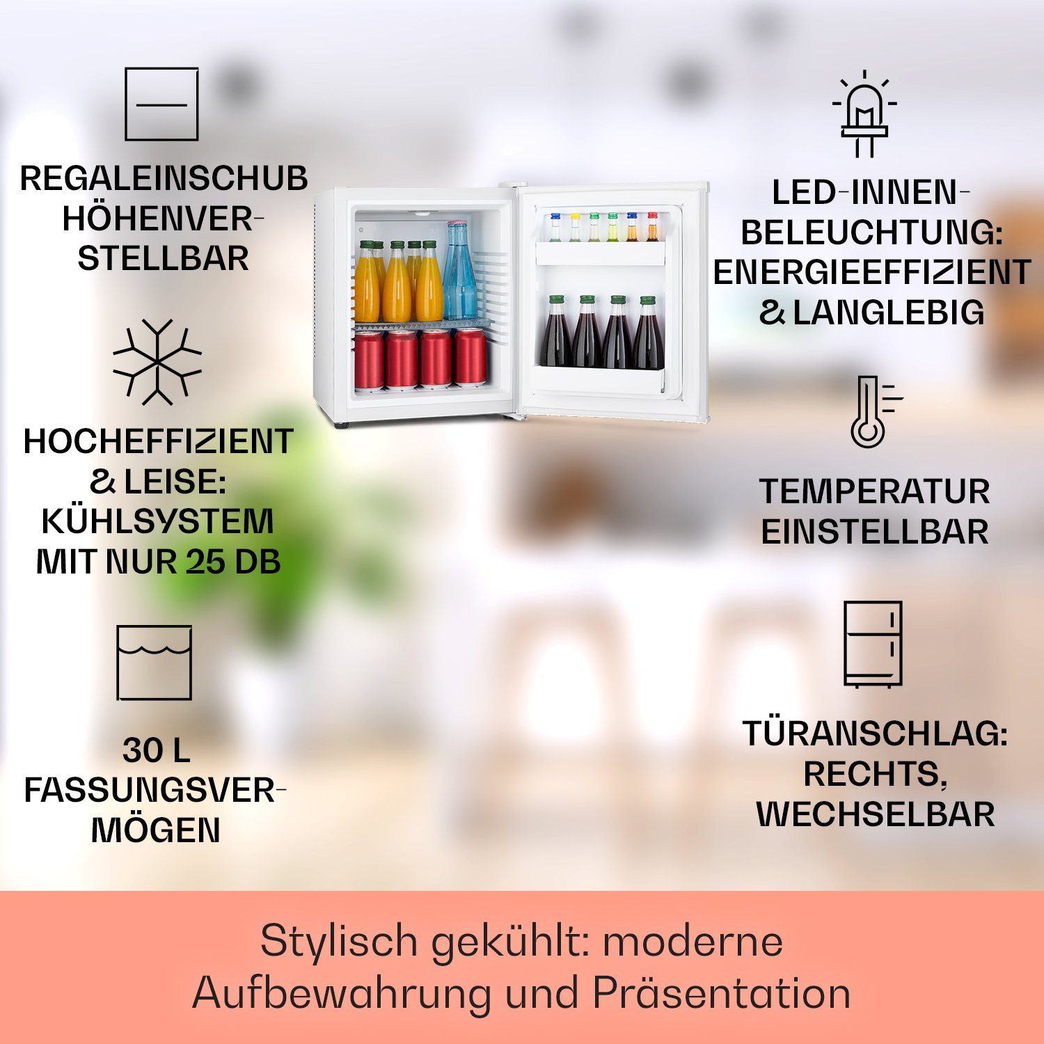 Klarstein Table Top Kühlschrank HEA-HappyHour-24Wht 10035241A, 47 cm hoch, 38 cm breit, Hausbar Minikühlschrank ohne Gefrierfach Getränkekühlschrank klein