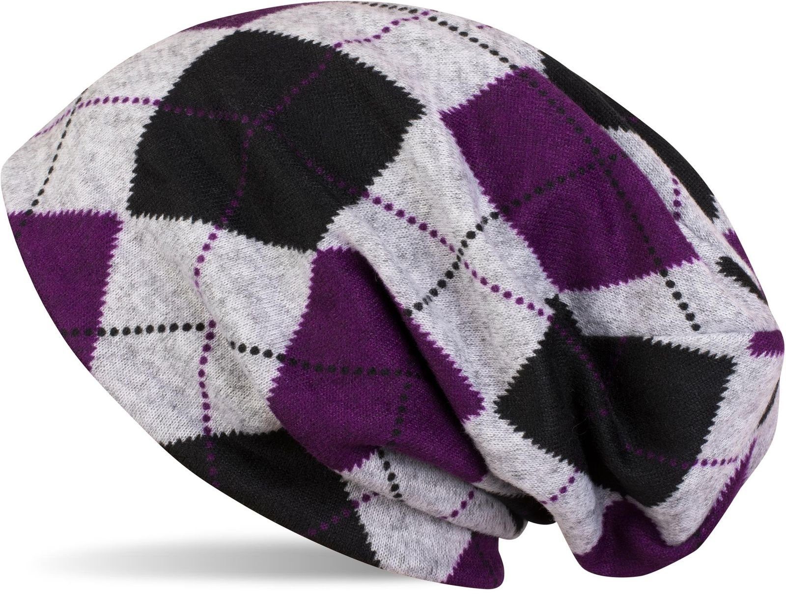 styleBREAKER mit Grau-Schwarz-Violett Karo Beanie Beanie (1-St) Feinstrick Muster