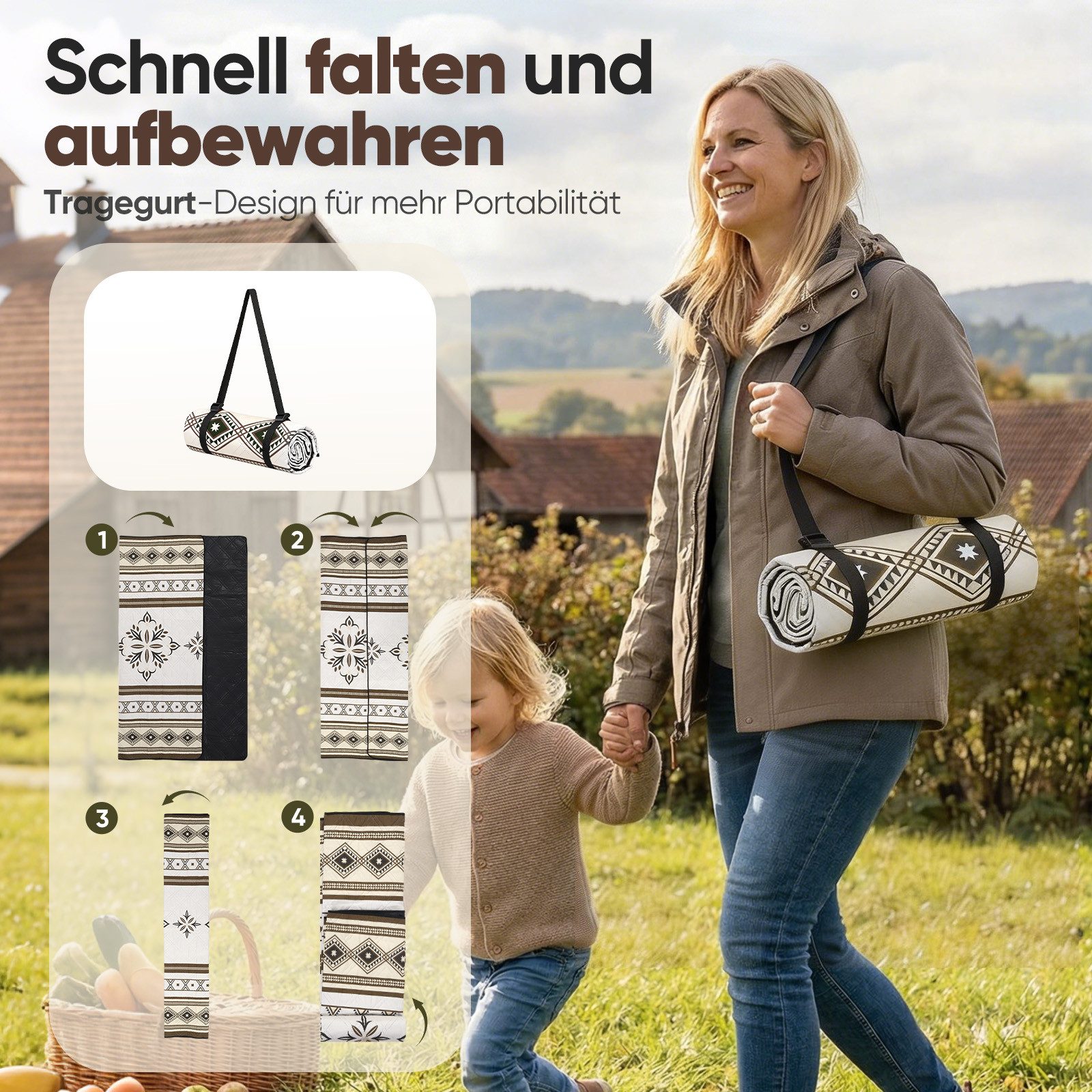 Picknickdecke Picknickdecke 200 x 200 cm Campingdecke Wasserdicht, 3 Schichten, Sekey, Campingdecke Wärmeisoliert mit Wasserdichter Unterseite