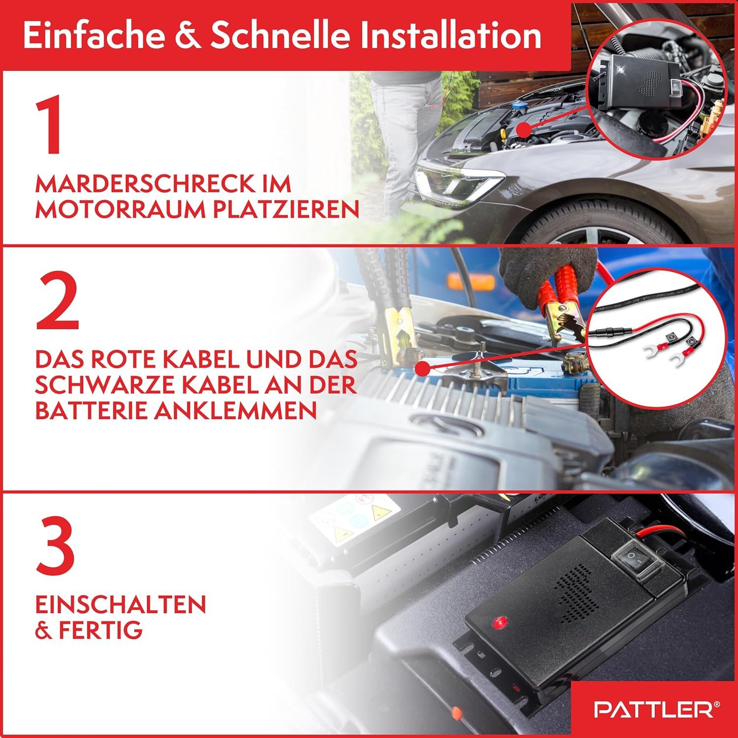 Pattler Ultraschall-Tierabwehr Marderschreck Auto Anschluss an 12V Autobatterie, Sofortiger & Langfristiger Marderschutz für Auto im Motorraum 2-tlg., Effektive – Bild 5 von 5