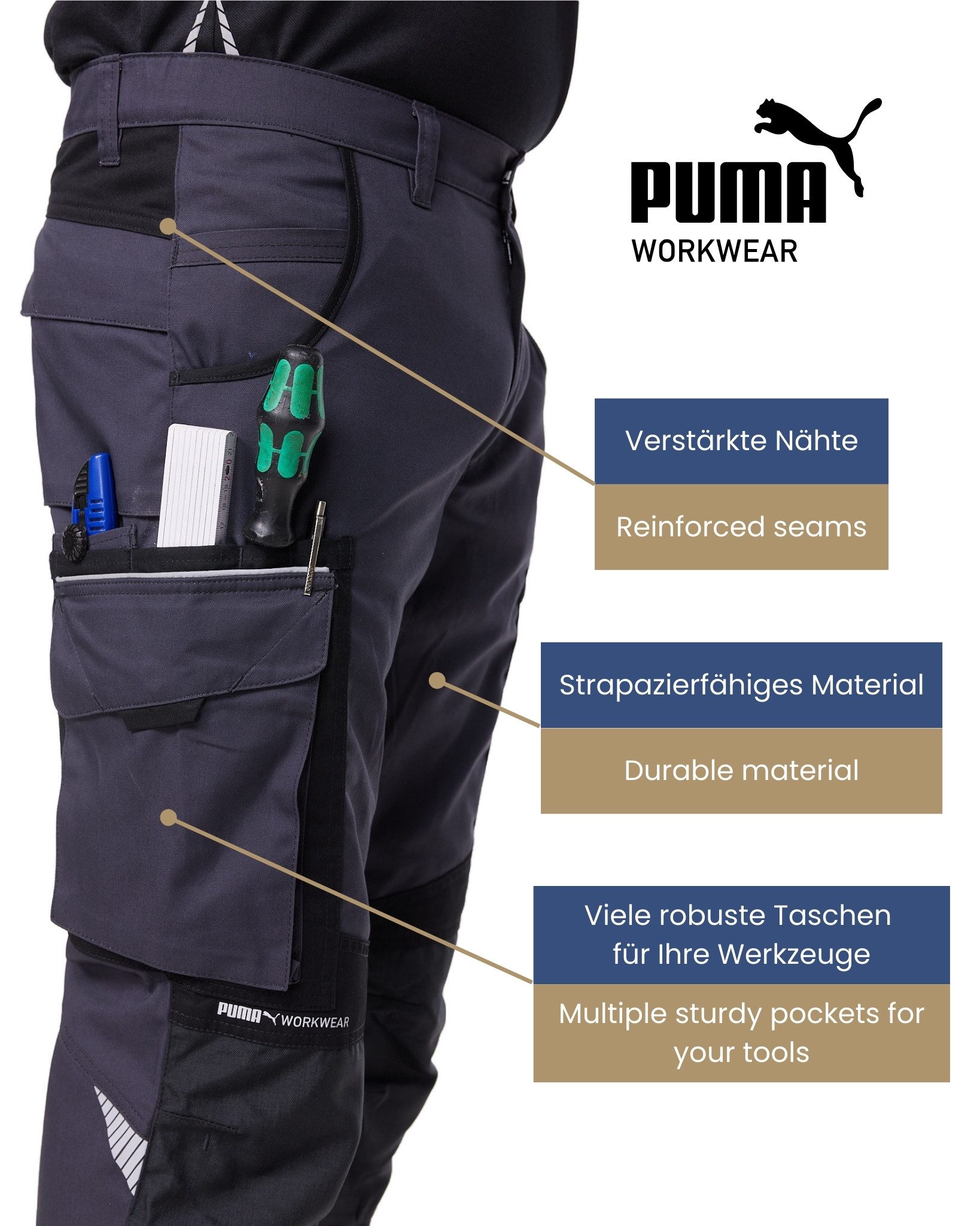PUMA Workwear Arbeitsbundhose PRECISION X Arbeitshose für Herren - Verstärkte Kniepartien mit vielen Taschen - für Handwerk, Produktion und Baugewerbe – Bild 3 von 5