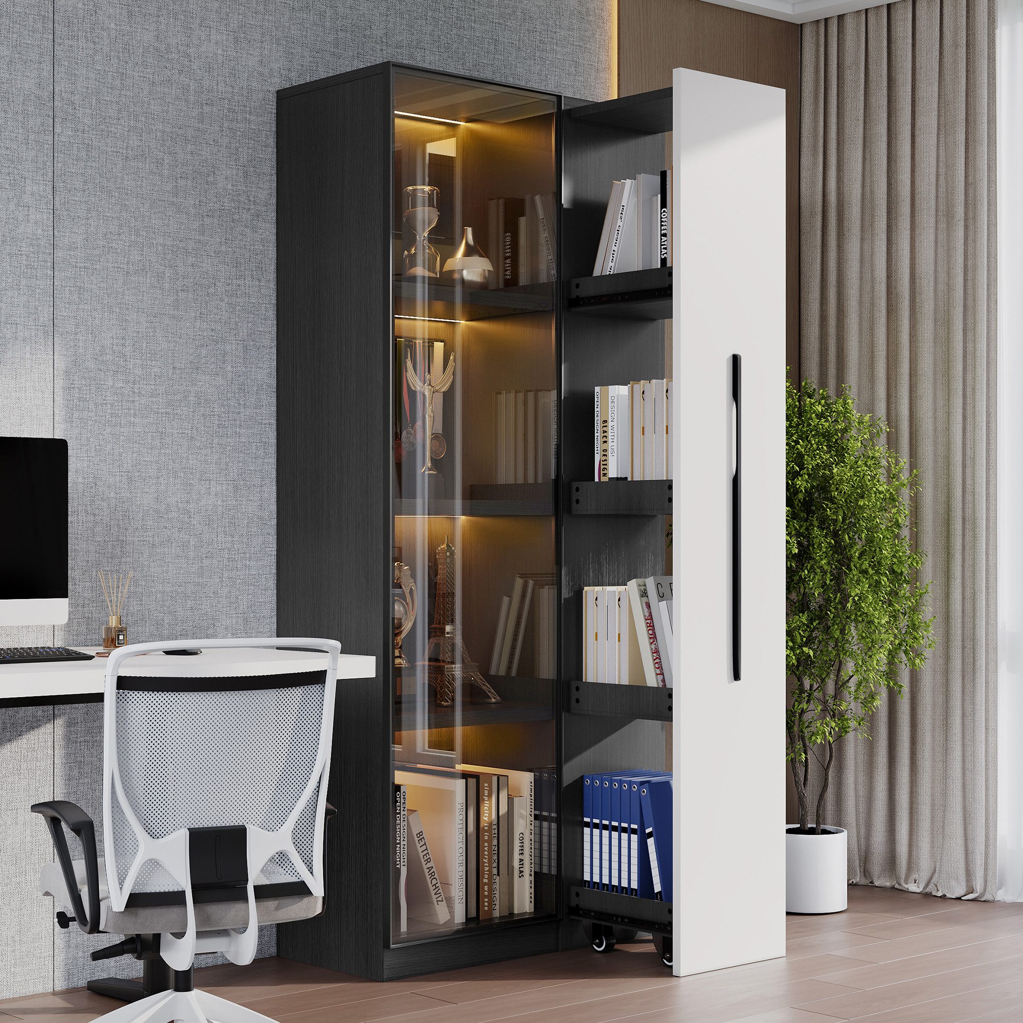 Merax Glasvitrine Vitrine, Auszugsschrank, (1-St., Vitrinenschrank mit LED, Zwei Türen, 70x40x160cm) Bücherregal, Hochschrank mit Regal