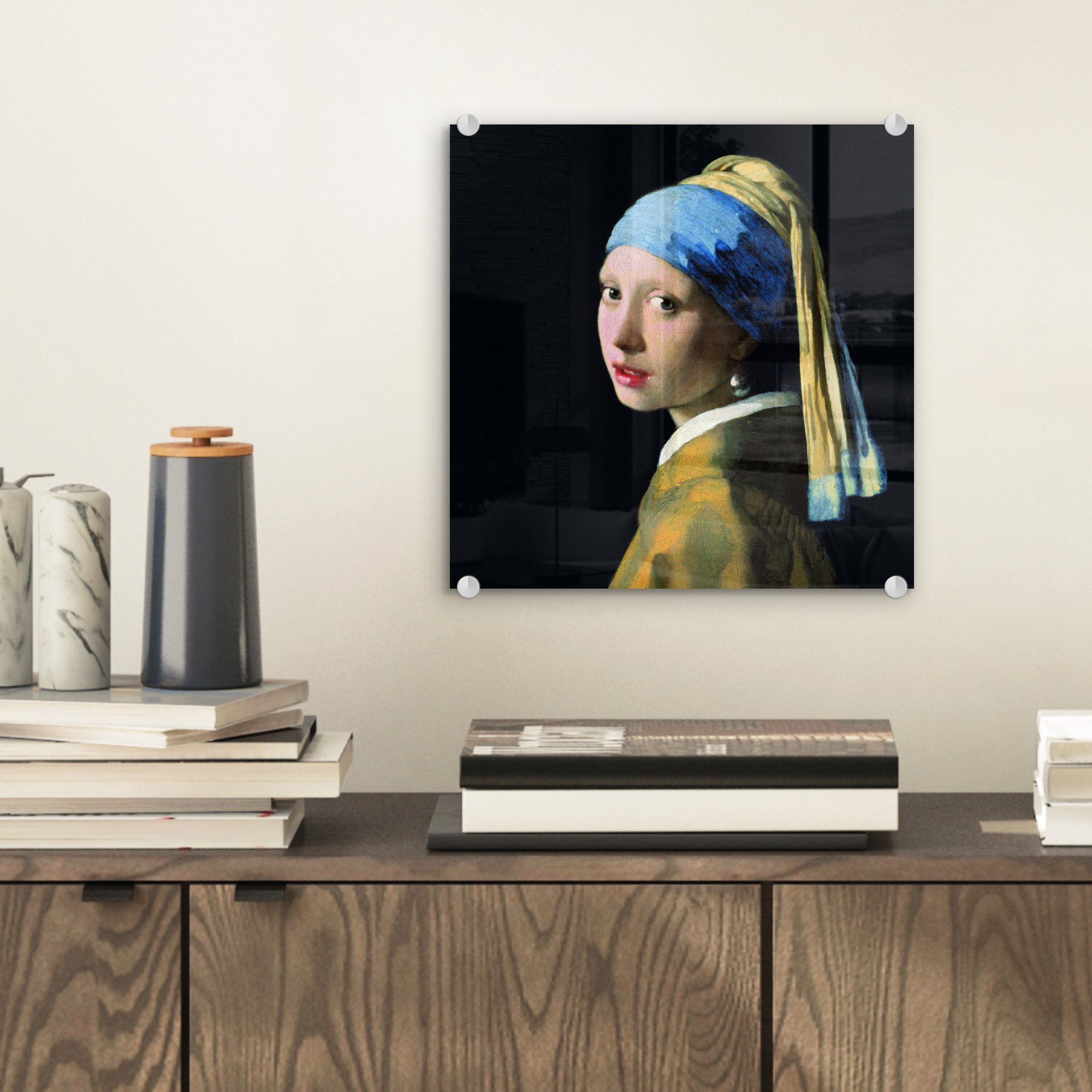dem Foto Mädchen - Glas Perlenohrring auf auf Bilder Glasbilder - Johannes MuchoWow St), - Glas mit bunt Vermeer, Wanddekoration (1 - Wandbild Acrylglasbild Das