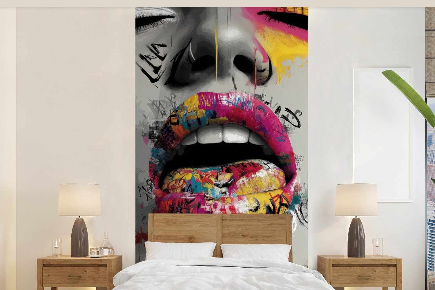 MuchoWow Fototapete Lippen - Graffiti - Ausdrucksstark, Matt, bedruckt, Vliestapete für Wohnzimmer Schlafzimmer Küche, Fototapete, 120x240 cm