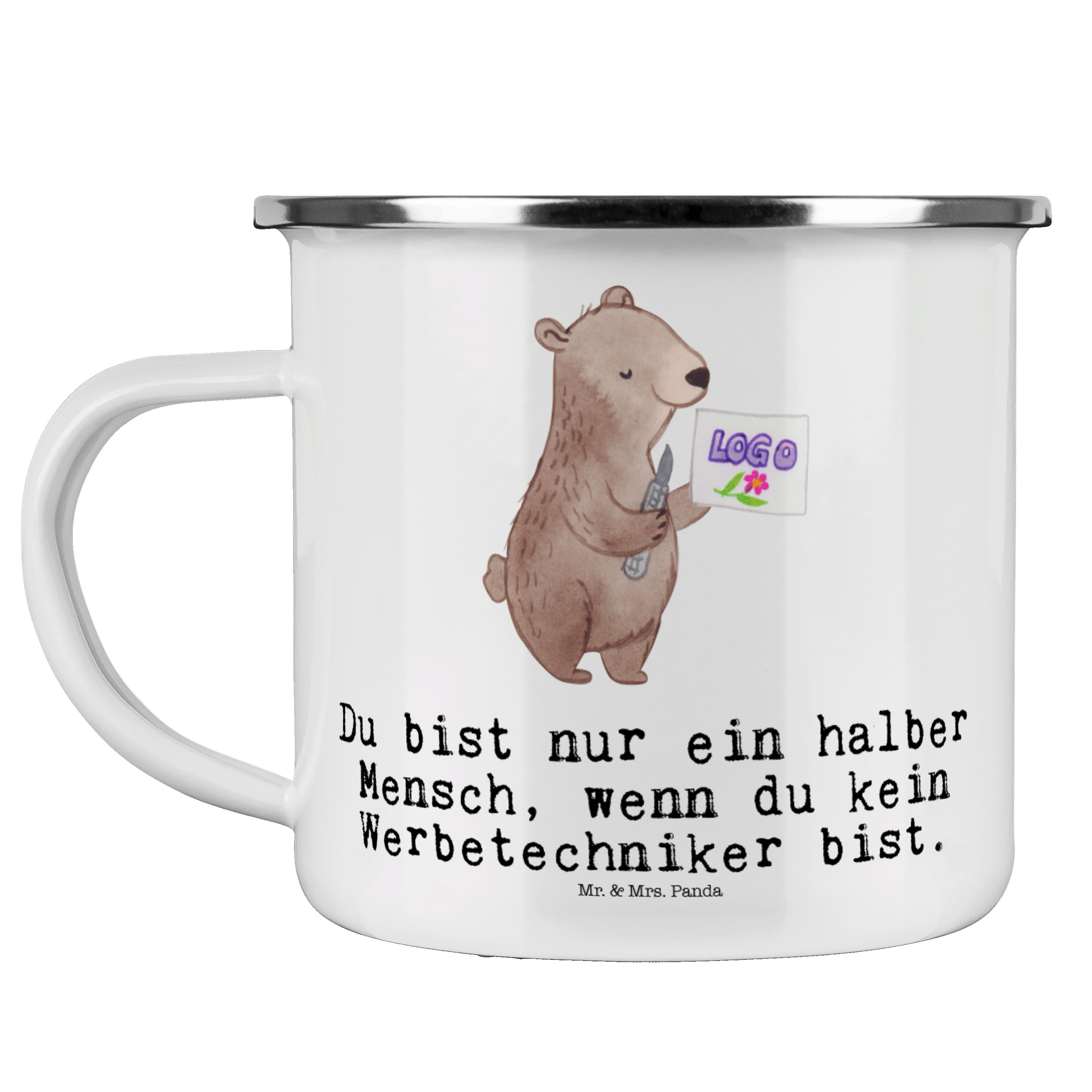 Mr. & Mrs. Panda Becher Werbetechniker mit Herz - Weiß - Geschenk, Emaille Trinkbecher, Jubil, Emaille