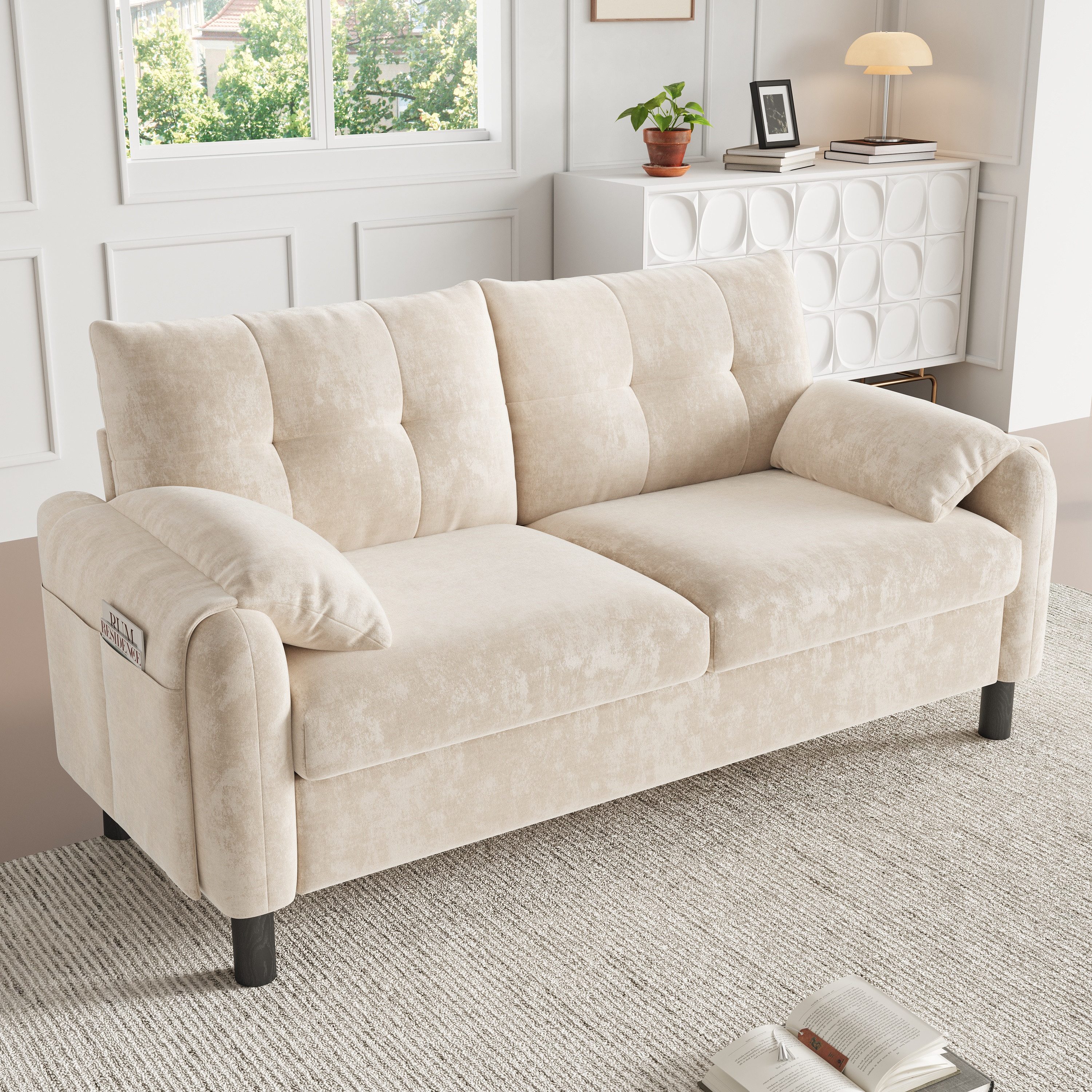 Fine Life Pro Sofa Sofa 2er Set Chenille dicke Kissen, Beige Wohnzimmer Schlafzimmer Wohnung