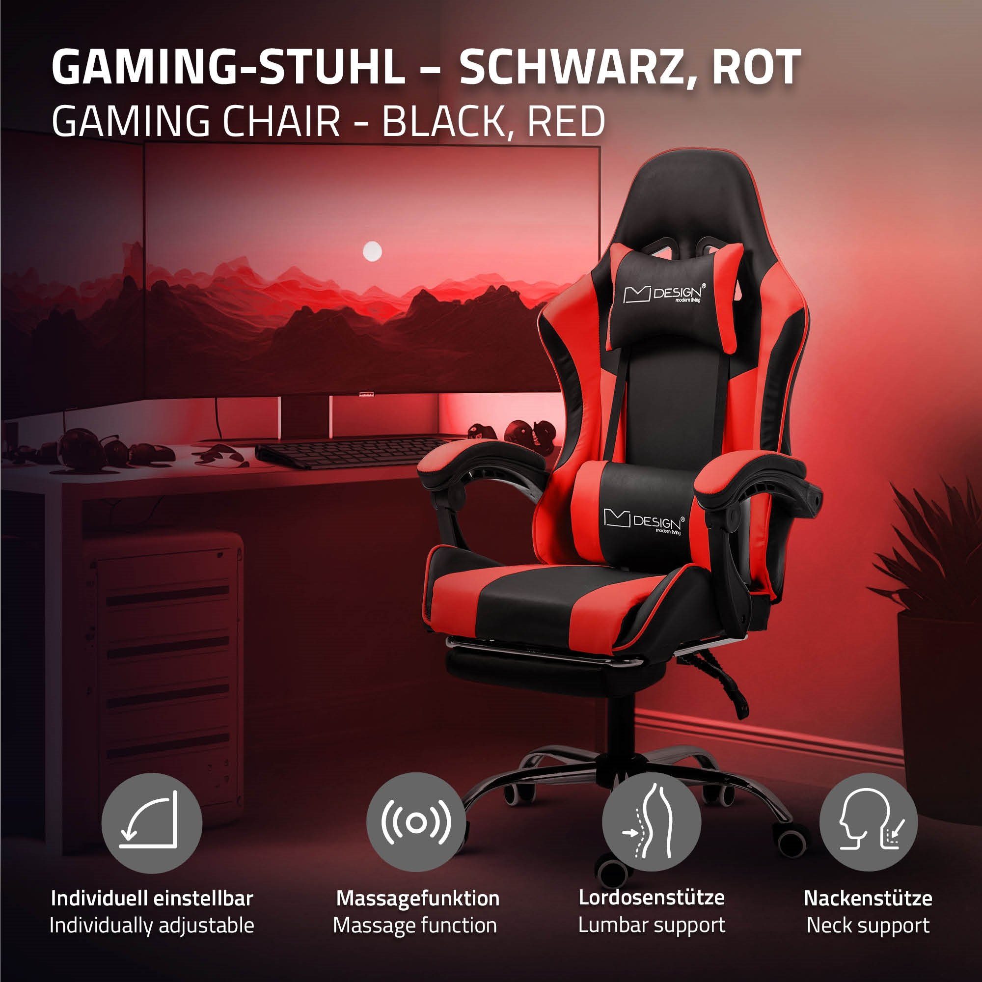 ML-DESIGN Gaming-Stuhl Massage Gamingstuhl Lendenkissen, PU-Leder, Armlehne, Rot Stuhl Bürostuhl, verstellbar, Fußstütze Racing Gamer mit aus Kopfstütze