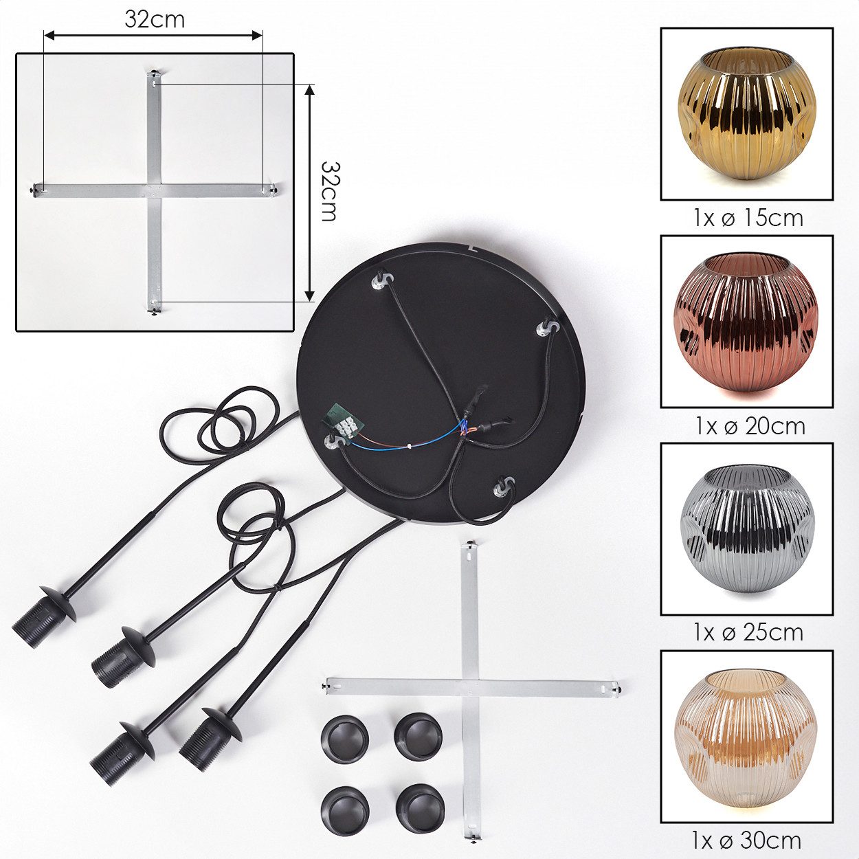 hofstein Hängeleuchte Hängelampe Metall/Riffelglas in Schwarz/Kupfer/Bernstein/Gold/Rauch, Hängeleuchte im Retro/Vintage-Design (15; 20; 25; 30 cm),4xE27