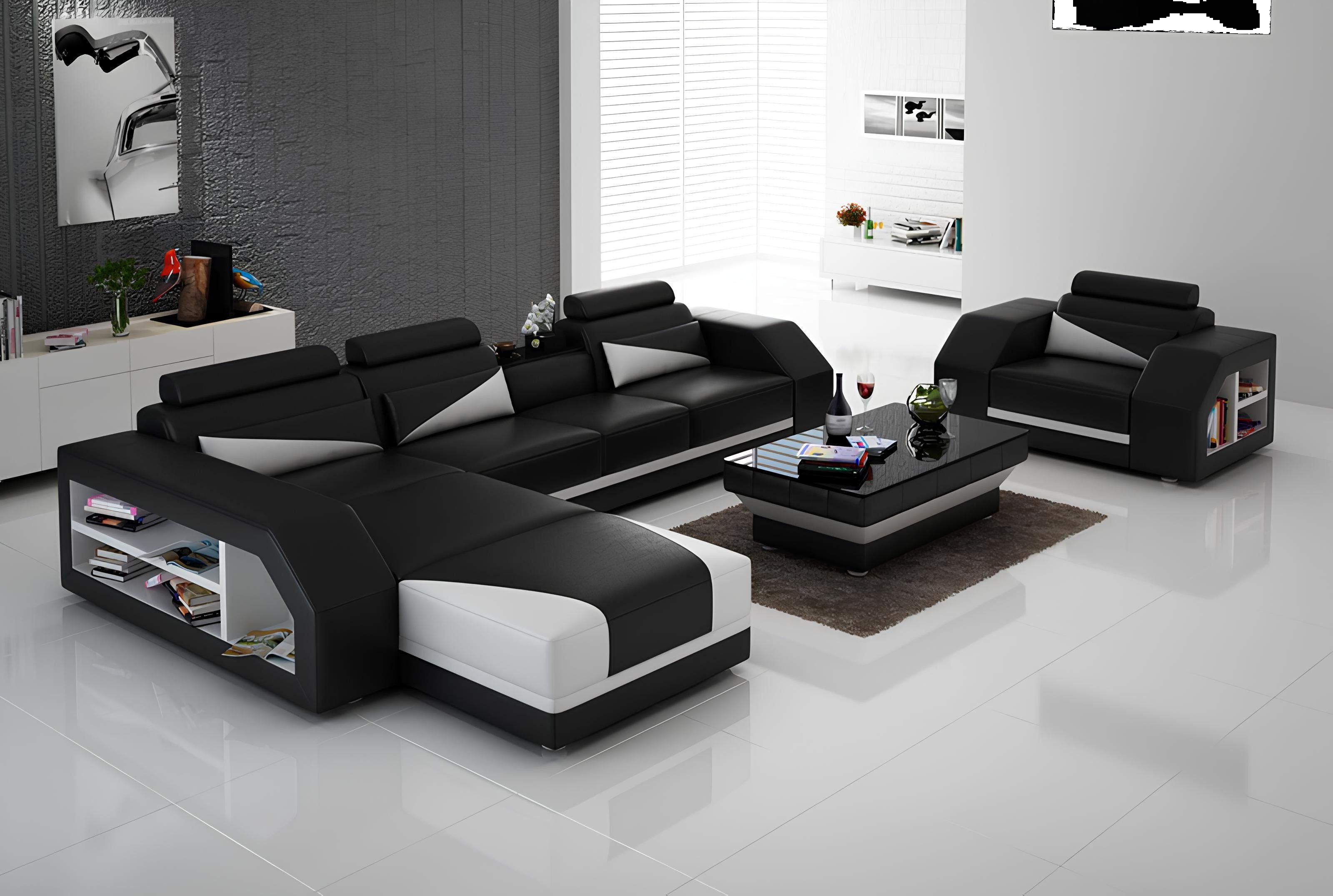 Ecksofa Modernes Ledersofa Set mit Eckcouch und Sessel