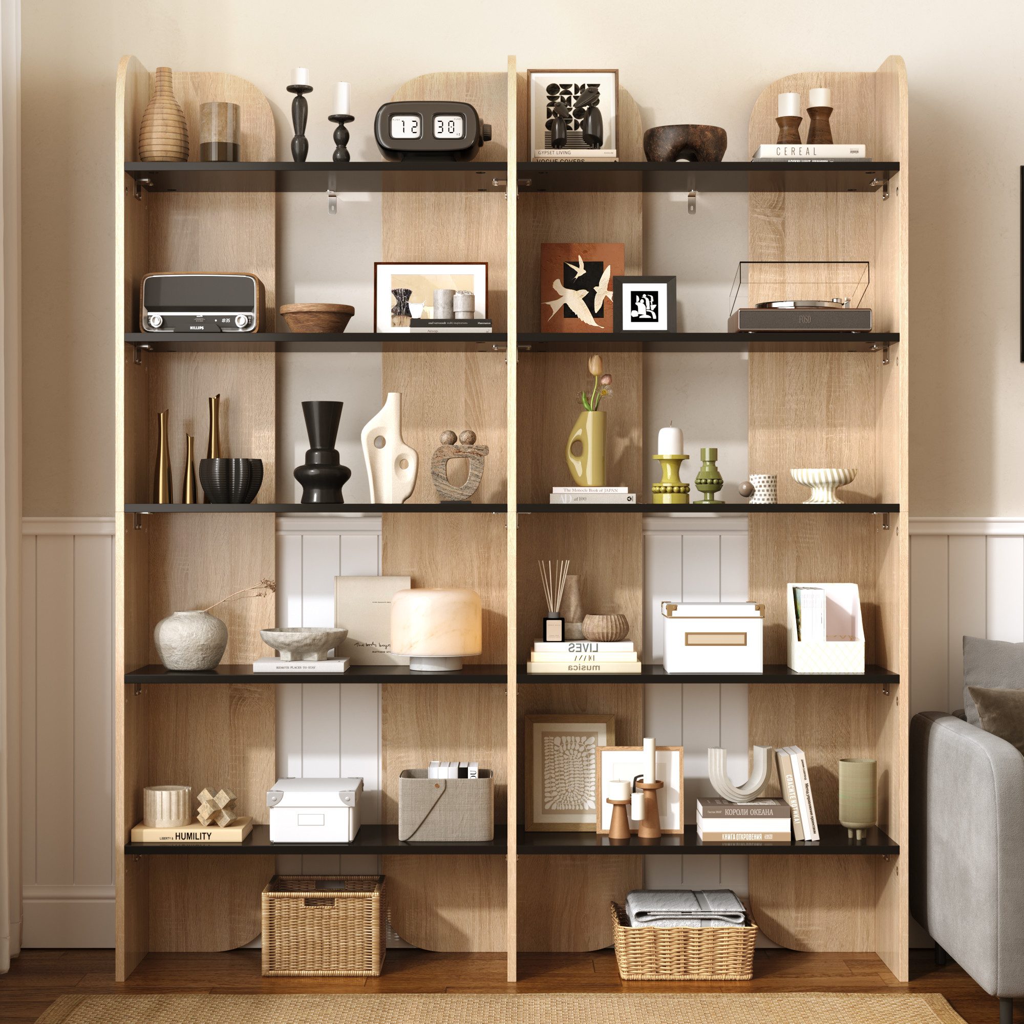 Flieks Bücherregal Standregal Büroregal, 12 offene Fächern, B135/H160/T25 cm 1-tlg., Bücherschrank mit 12 Ebenen Ablageregal Natur, Anti-Kipp-Vorrichtung