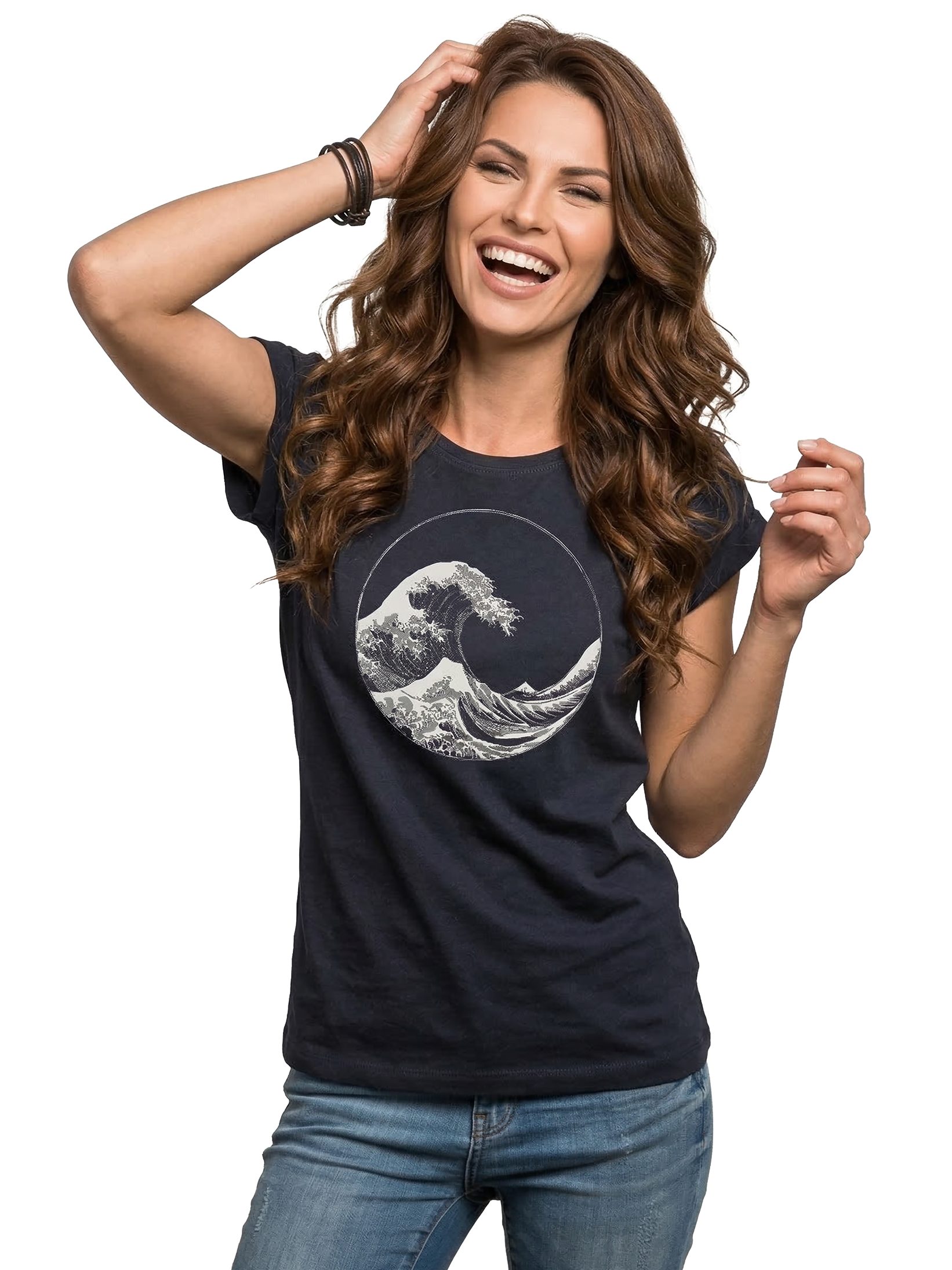 MAKAYA T-Shirt Maritimes Damen-Top mit Wellen-Motiv – Surf-Style für den Sommer (Schwarz, Blau, Dunkelgrau, Grün, 34, 36, 38, 40, 42, 44, 46, 48, 50) Baumwolle