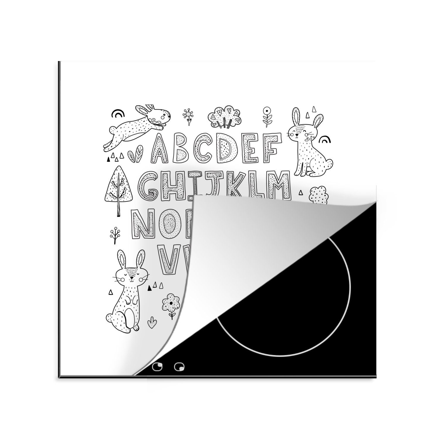 weiß, küche für 78x78 mit MuchoWow Alphabet schwarz Kaninchen springenden in cm, tlg), Arbeitsplatte (1 Illustration Vinyl, Herdblende-/Abdeckplatte Ceranfeldabdeckung, und