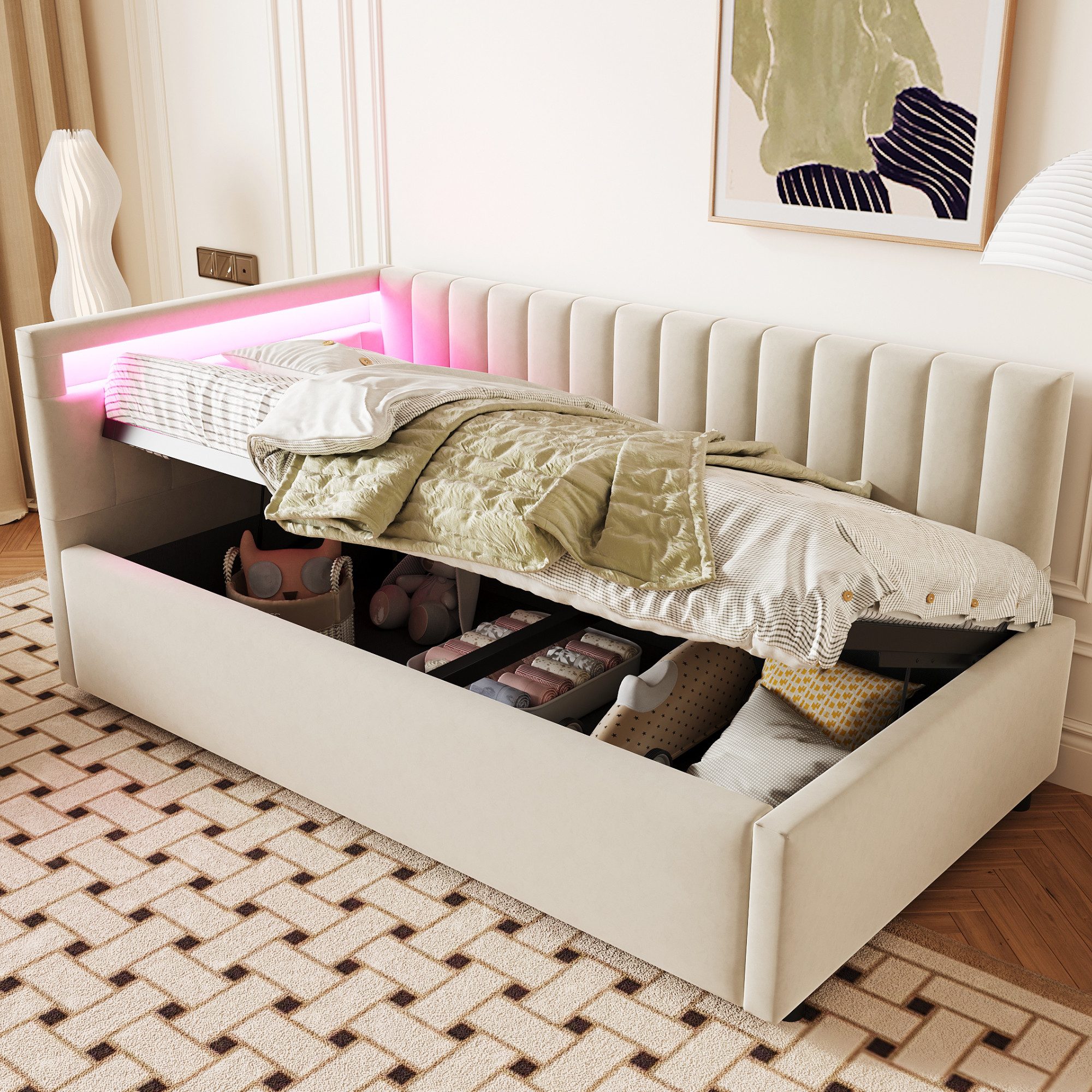 Schlafsofa Polsterbett mit LED-Beleuchtung, Kinderbett