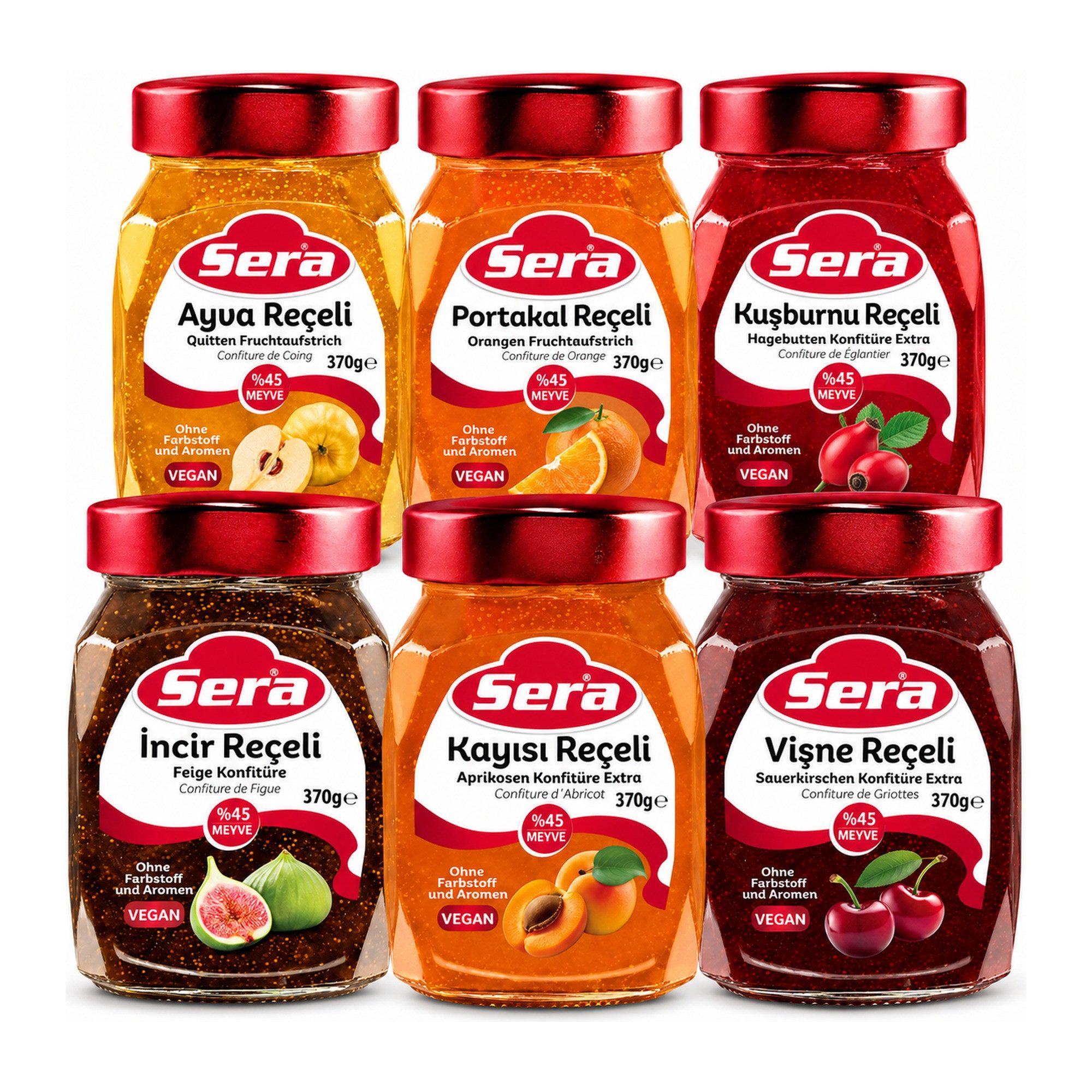 SERA FOOD Fruchtaufstrich Konfitüre 6er Probierset 6 Sorten, 6 x 370 g, (Set, 6 Sorten: Feige, Aprikose, Sauerkirsche, Quitte, Orange, Hagebutte), 45 % Fruchtanteil