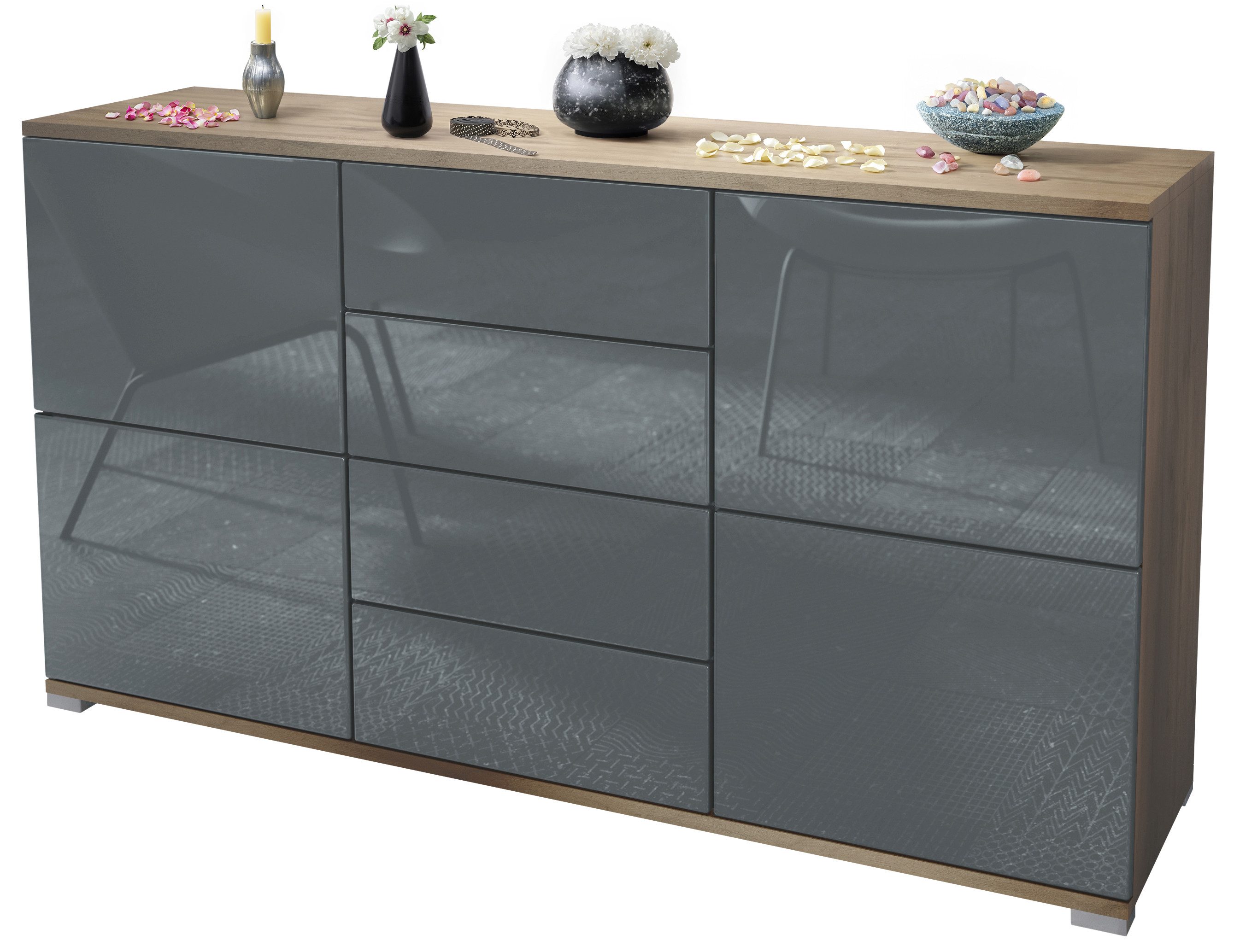 Vladon Sideboard Rova V1 (Kommode mit 4 Türen, 4 Schubladen, Made in Germany), Eiche Evoke/Grau Hochglanz (138,5 x 75,5 x 35)