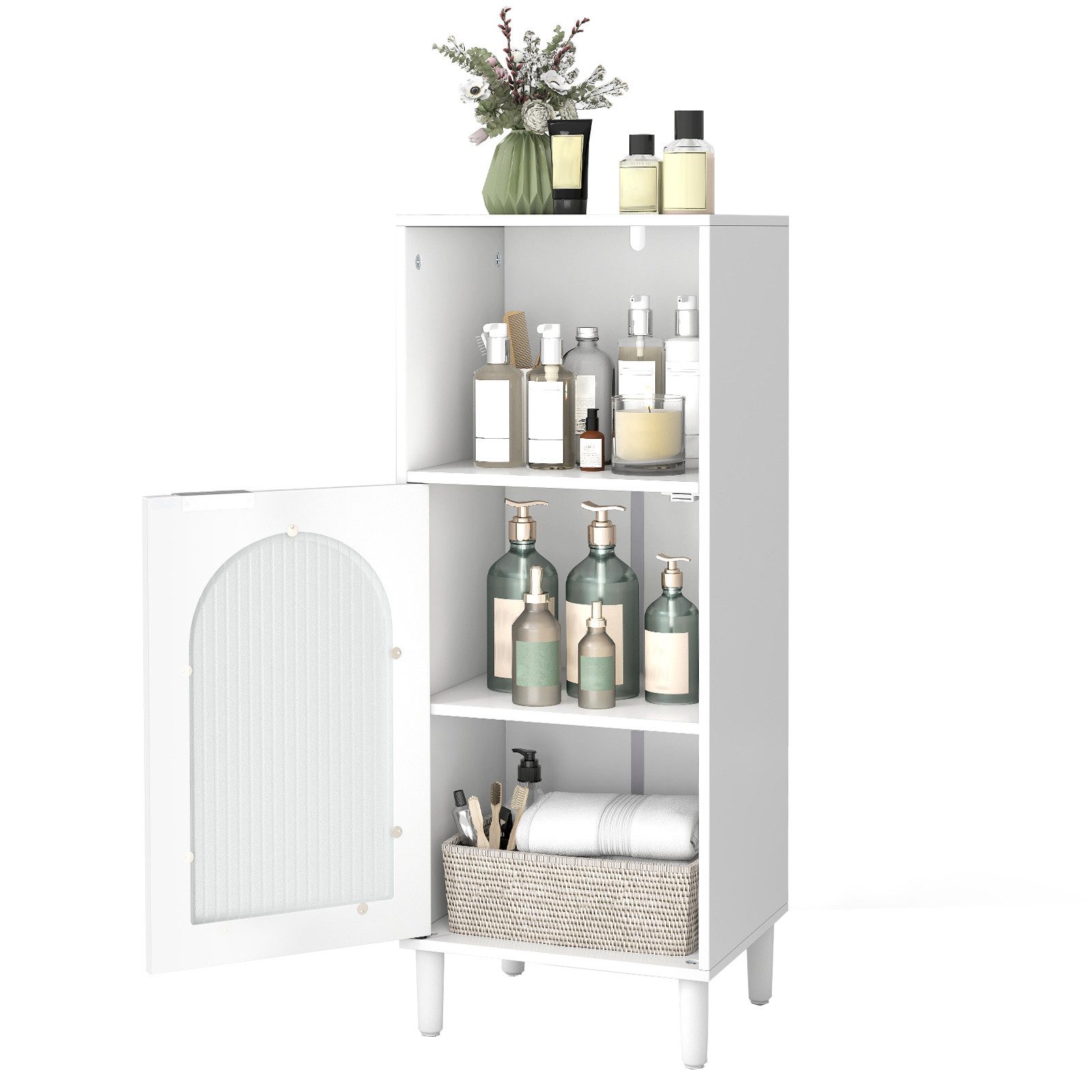 COSTWAY Badkommode, Badezimmerschrank schmal mit Glastür, verstellbaren Regal weiß