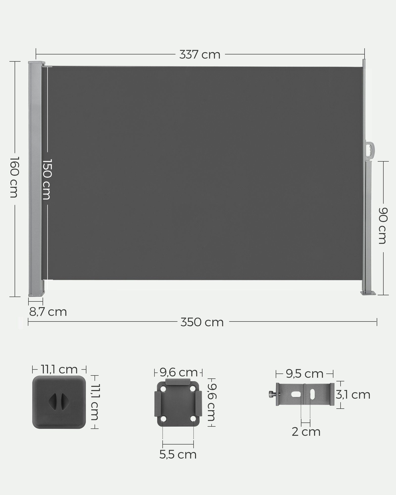 SONGMICS Seitenmarkise ausziehbar, Sichtschutz, balkon terrasse, Windschutz (Sonnenschutz, inkl. Zubehörpaket & Anleitung) Balkon, mitgelieferte Bodenhalterung