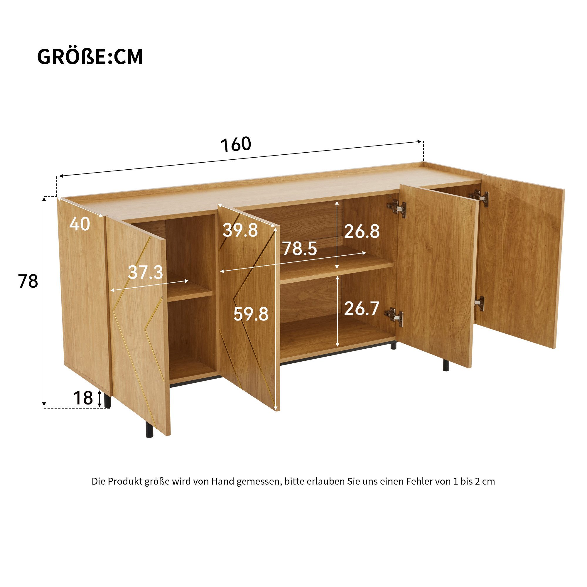 Flieks Sideboard mit 4 Türen (B160/T40/H78 cm, 1 St., für Wohnzimmer, Schlafzimmer, Esszimmer, Flur), Mehrzweckschrank mit verstellbare Einlegeböden Holzoptik,  – Bild 4 von 5