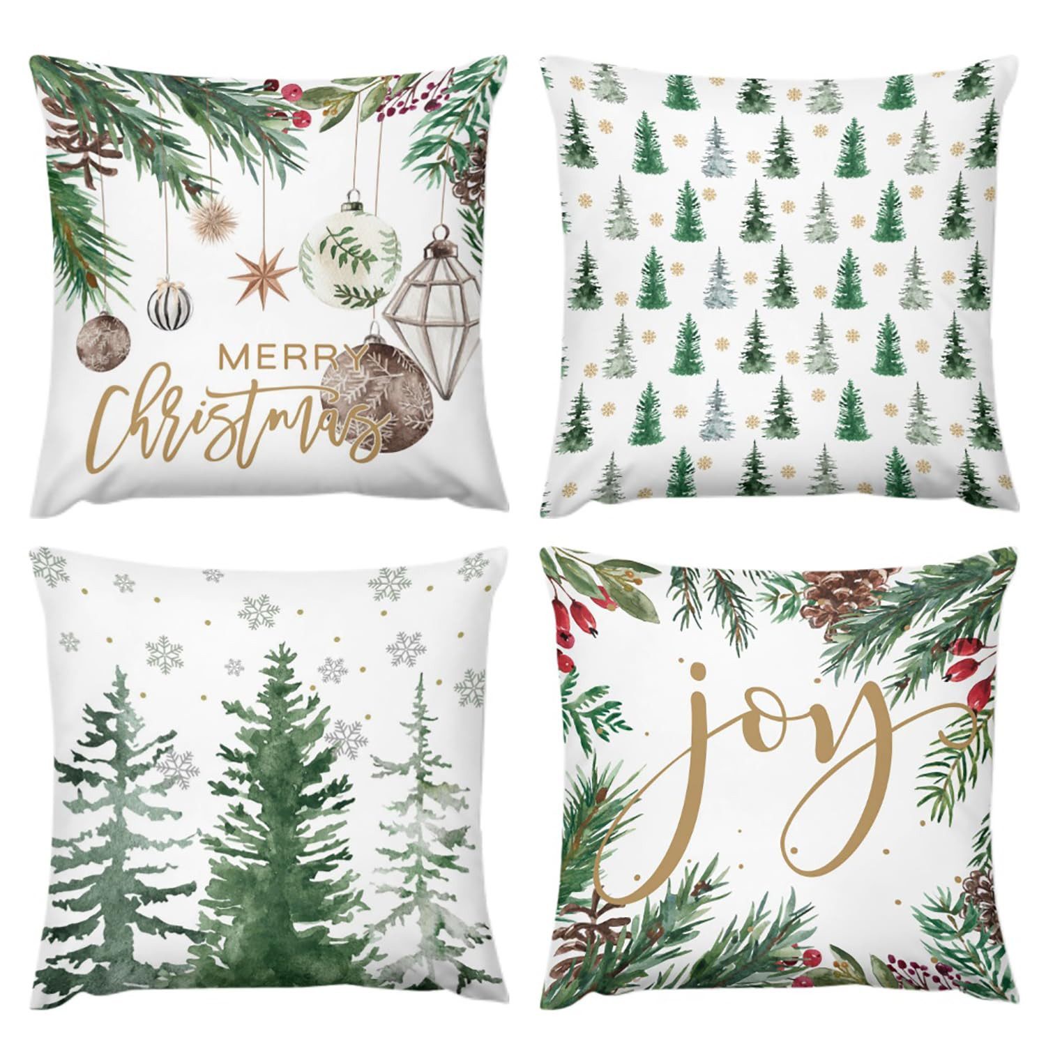 Coonoor Kissenbezug 4er Set Weihnachtskissenbezüge, Weihnachtsbaum und Schneeflocken Kissenbezüge
