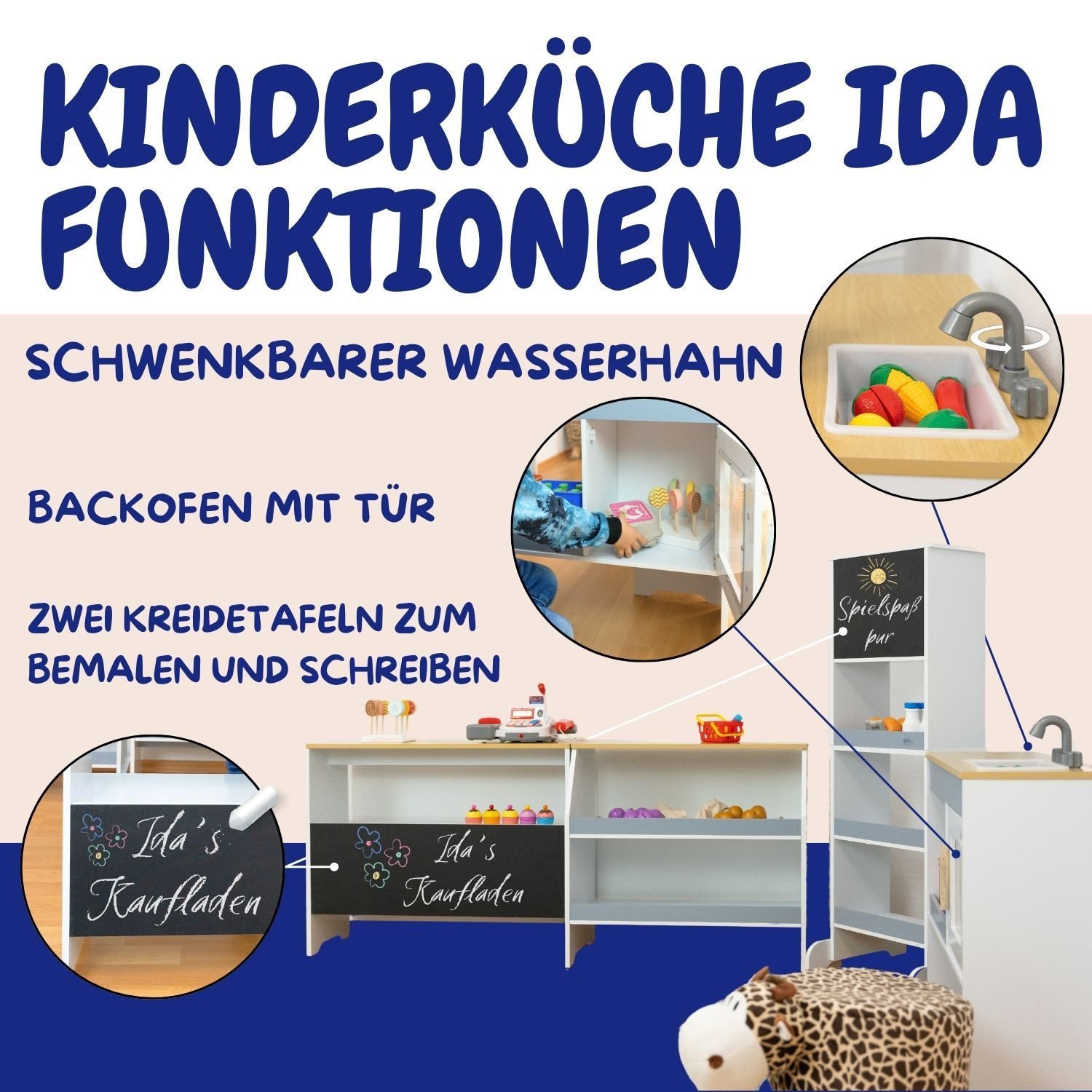 Coemo Spielküche IDA Holz, Grau Holz Kinderküche 4 Elemente freier Aufbau 2 günstig online kaufen