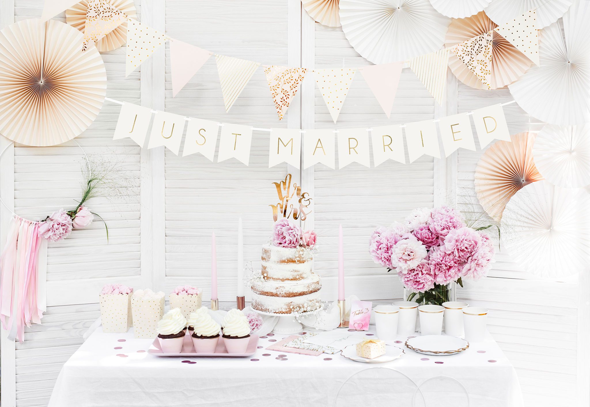partydeco Girlande, Girlande Just Married 155x15cm Papier Hochzeit Weiß / Gold
