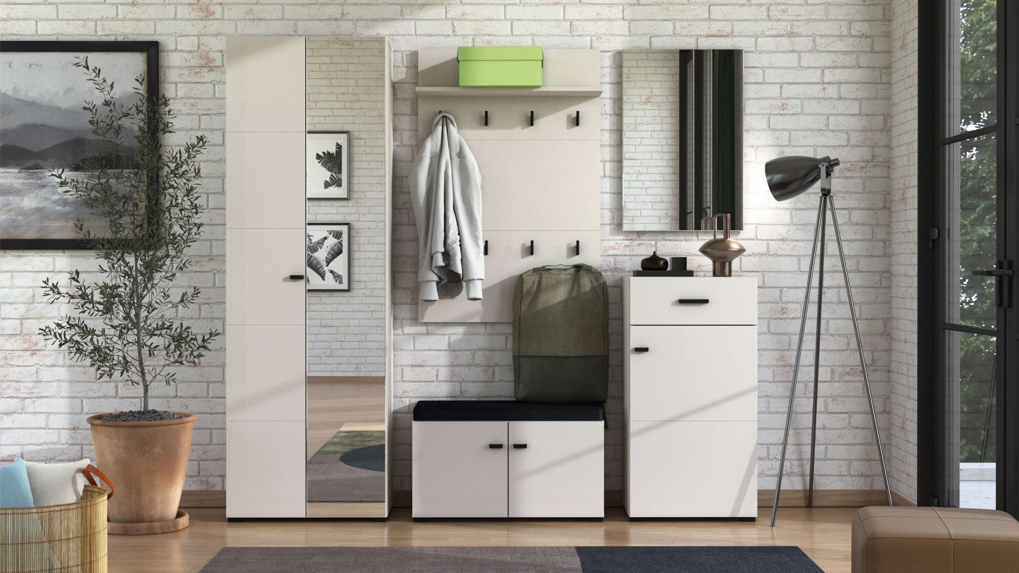 Home affaire Garderoben-Set Rathlin Flurmöbel, Dielenmöbel, Flurschrank, Flurgarderobe, (5-St., 5tlg), inkl. 2 Schränke, Sitzbank mit Kissen, Garderobenpaneele und Spiegel