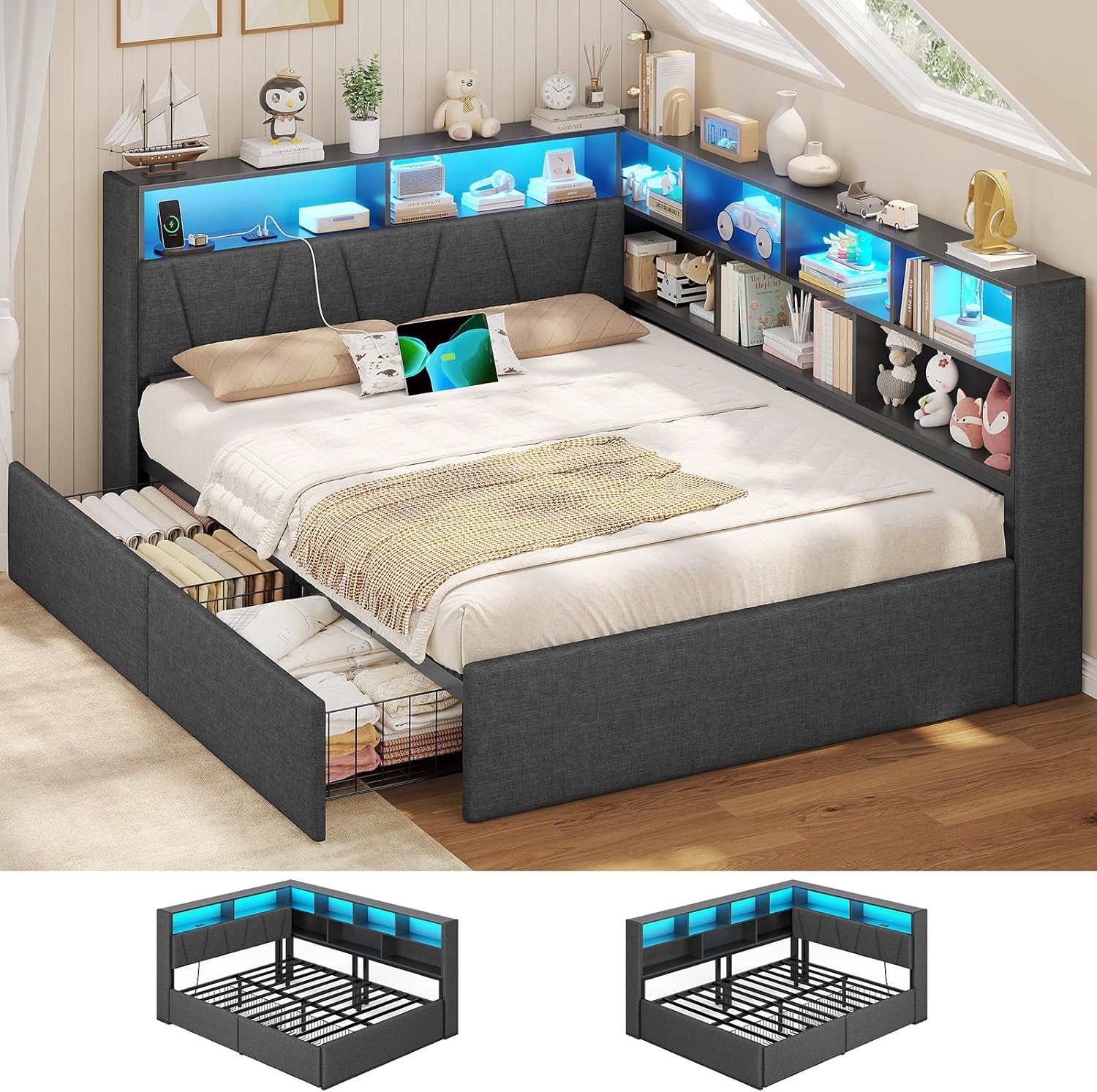 MSMASK Polsterbett mit LED-Beleuchtung & Ladestation, 9 Staufächern & 2 Schubladen, Grau (1-tlg), LED-Beleuchtung, USB-Ladestation, gepolstertes Kopfteil