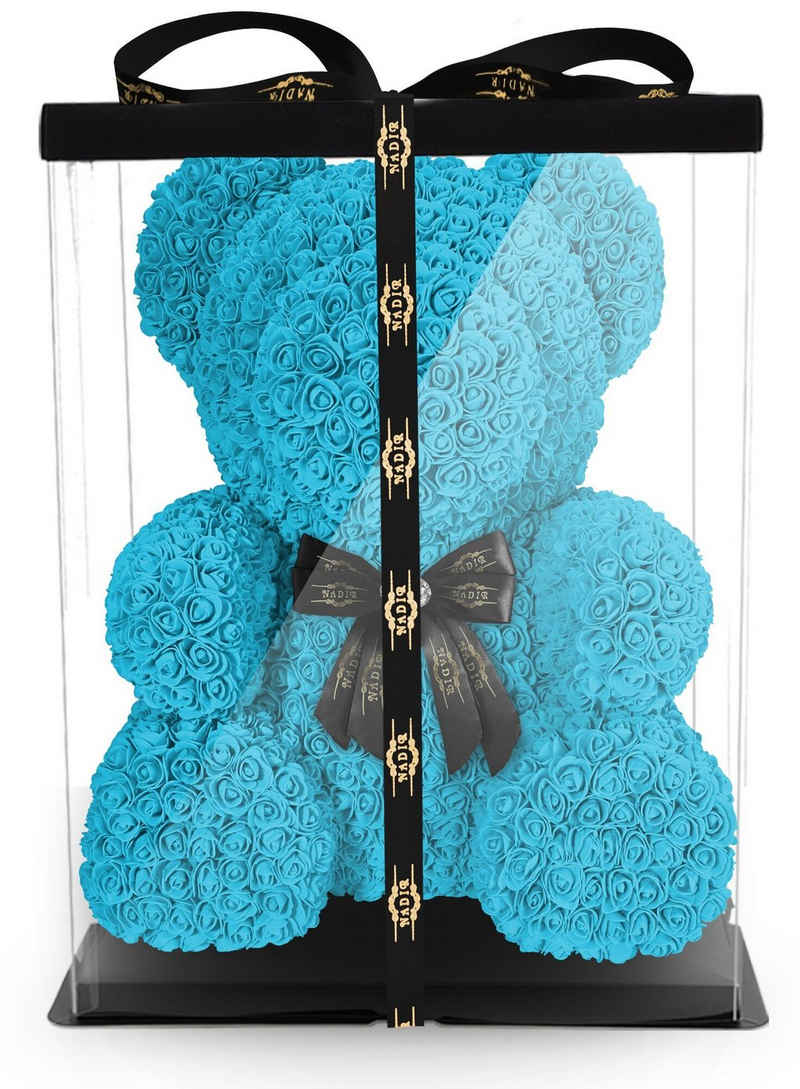 Kunstblume NADIR Rosenbär 70 cm mit Schleife / inklusive vorverpackter Geschenkbox/ Valentinstag Muttertag Geburtstag Jahrestag Infinity Rosebear Bär aus Rosen Flower Teddy Teddybär Blütenbär Künstliche Pflanze, NADIR