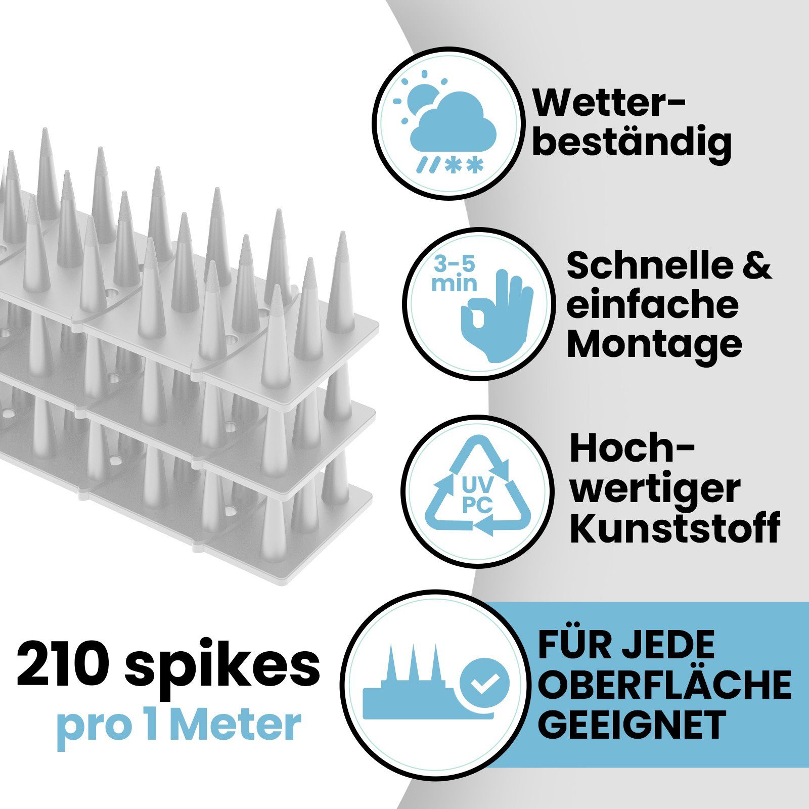 KONZEPT Taubenspikes Taubenabwehr Spikes Vogel, Katzen - für Balkon, Zaun - aus Kunststoff, 3-St., Gesamtlänge: 1,5 Meter, UV-beständig – Bild 3 von 5