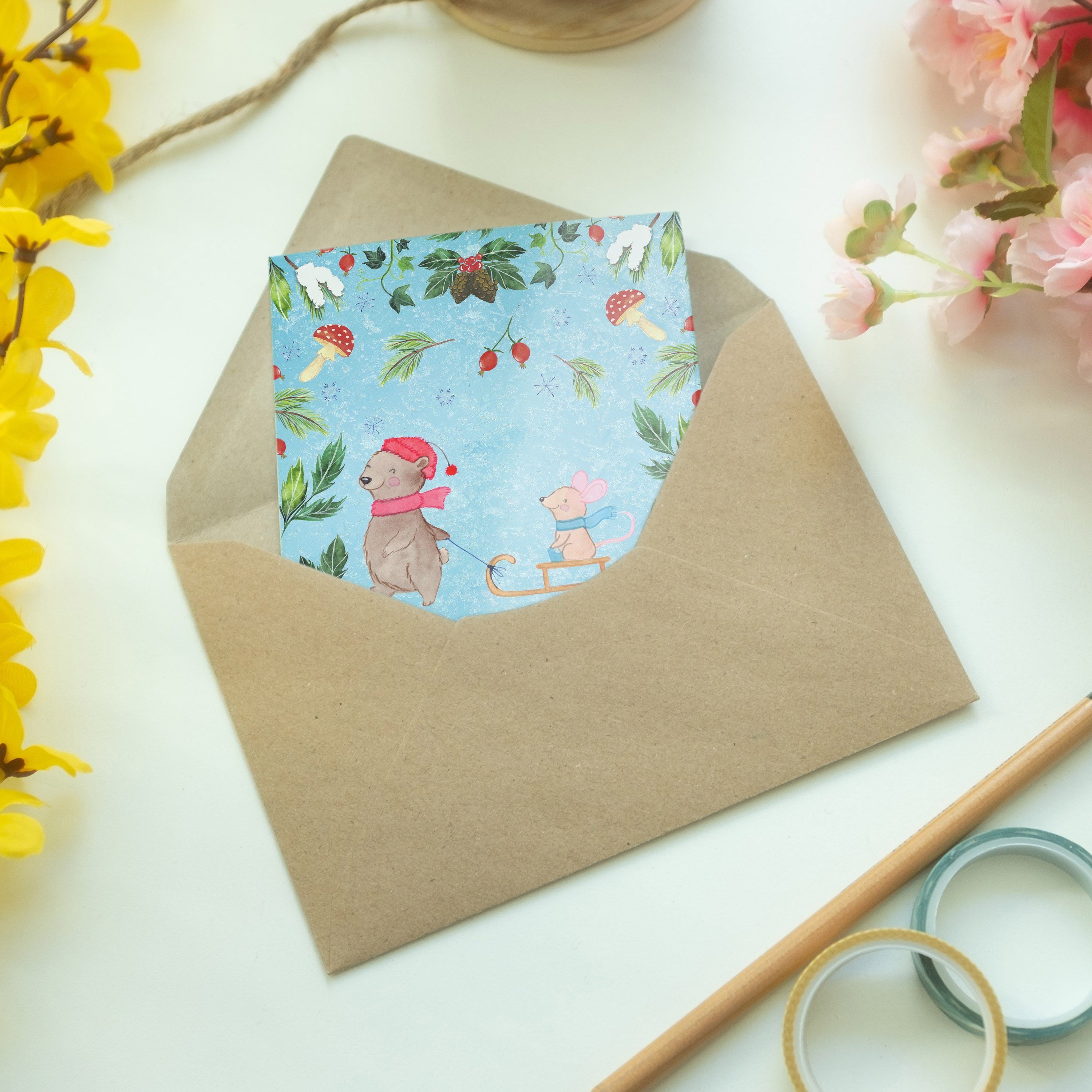 Geschenk, Grußkarte Schlitten & Panda Mr. Hochzeitskarte, - Maus - Eisblau Bär Mrs. Glückwunschk