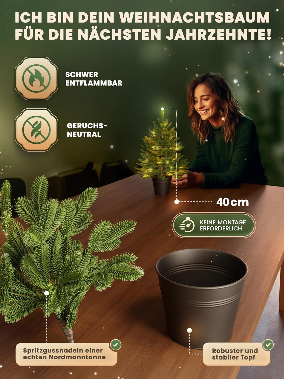 ArtiTree Künstlicher Weihnachtsbaum Künstliche Nordfichte im Topf - mit und ohne LED, Kleiner Topfbaum, 100 % PE-Spritzgussnadeln, Langlebig, Naturgetreu