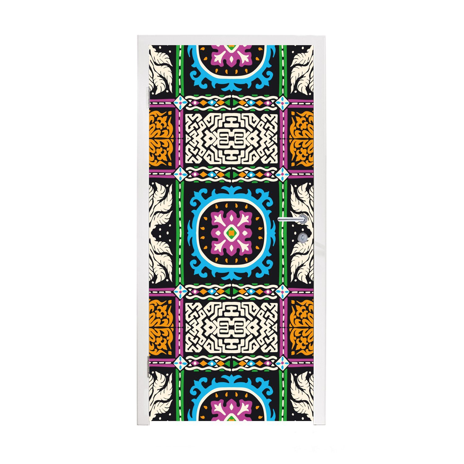 Türaufkleber, für - - Ornament Muster Tür, St), MuchoWow Abstrakt cm - Fototapete bedruckt, Türtapete (1 Matt, - Rosa, 75x205 Blau