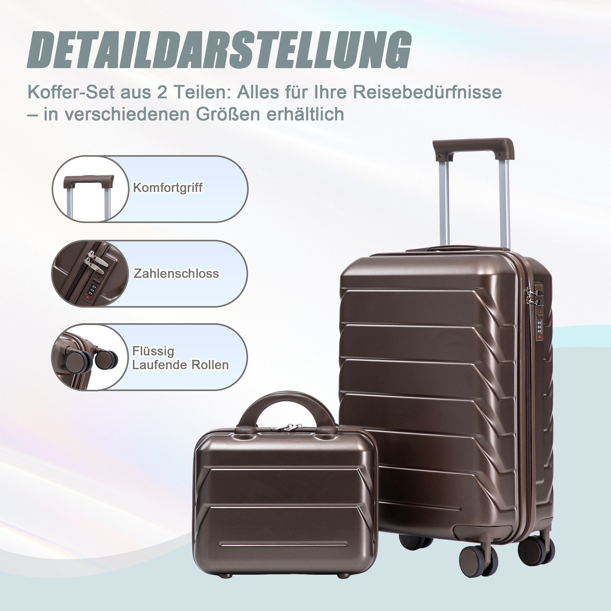 ibettertec Kofferset 2-teiliges ABS-Spinner-Kofferset 14"/19" mit Zahlenschloss, (14" Kosmetiktasche, Braun)