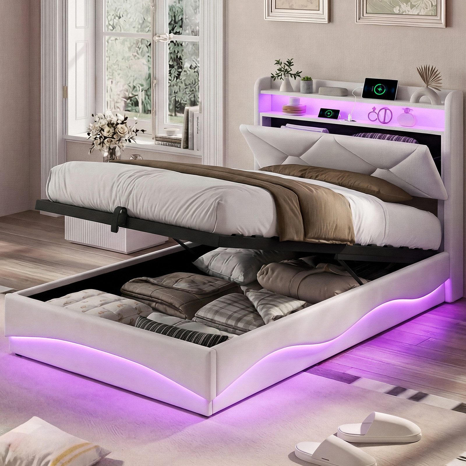 ADWOLT Polsterbett Hydraulisch Doppelbett mit LED Licht (Set, 1-tlg., 90x200cm Stauraumbett Mit Lattenrost und Ladefunktion), 91x214x108cm, Samt,Beige