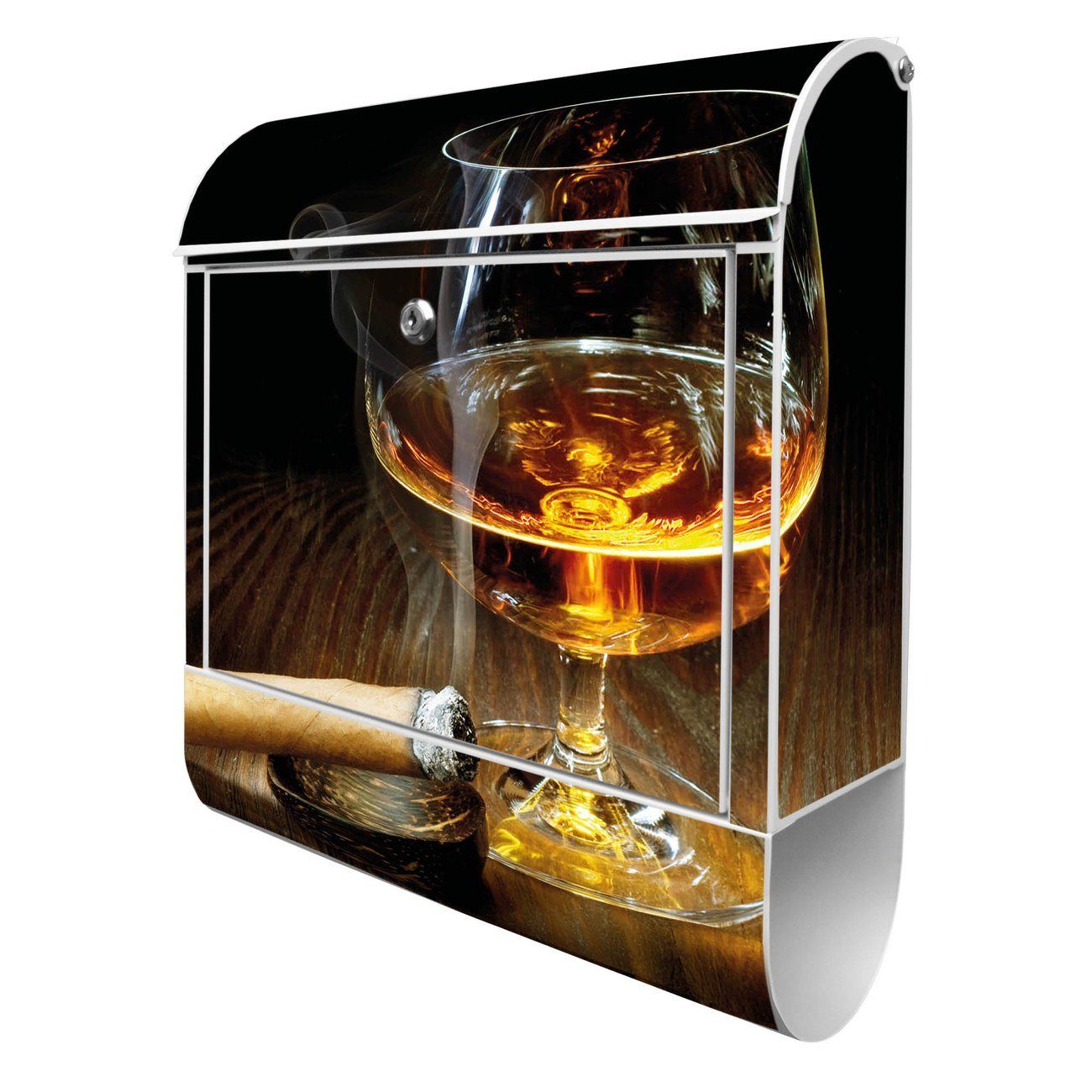 banjado Wandbriefkasten Stahl Whiskey & Cigar (Wandbriefkasten witterungsbeständig, pulverbeschichtet, mit Zeitungsfach), 39 x 47 x 14cm weiß