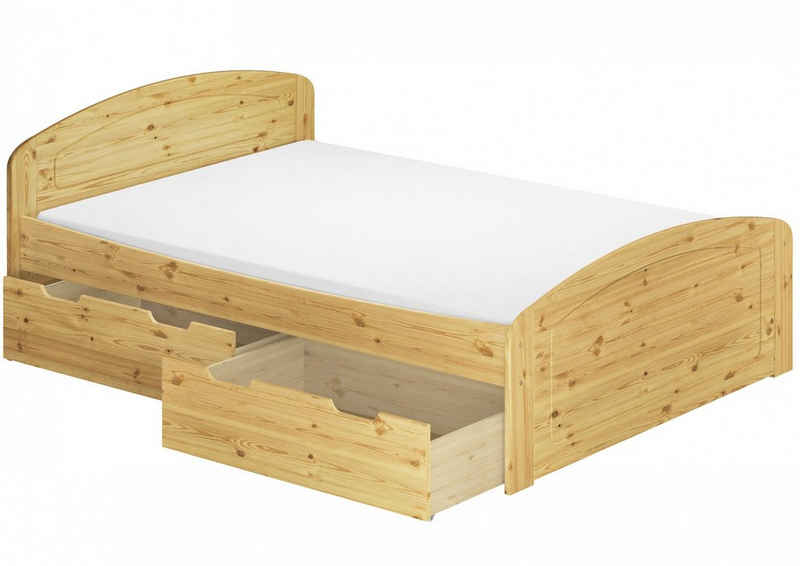 ERST-HOLZ Bett Doppelbett mit drei Schubladen Kiefer massiv 160x200, Kieferfarblos lackiert