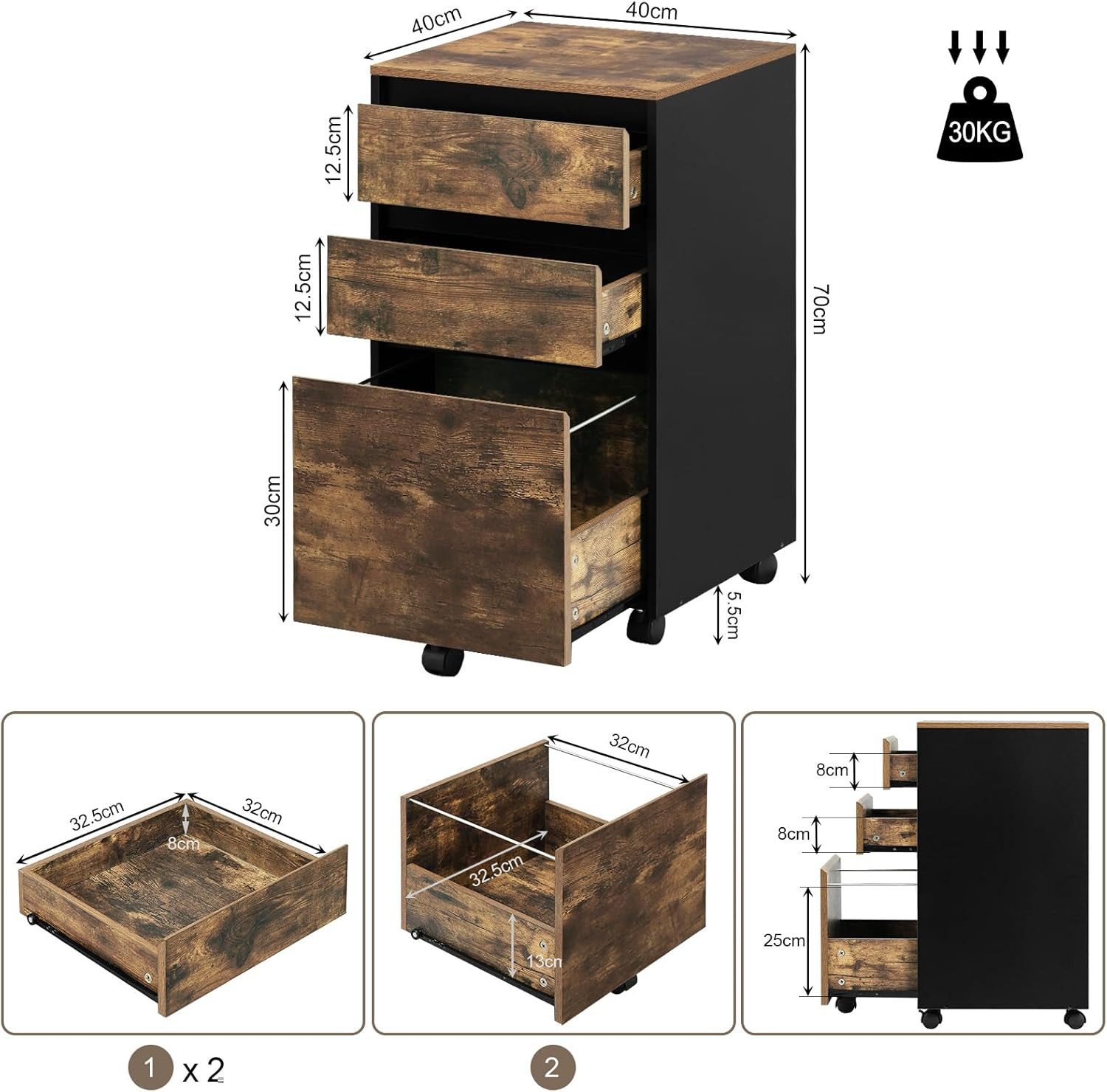 Woltu Aktenschrank (1-St) mobiler Schrank, Rollcontainer mit 3 Schubladen