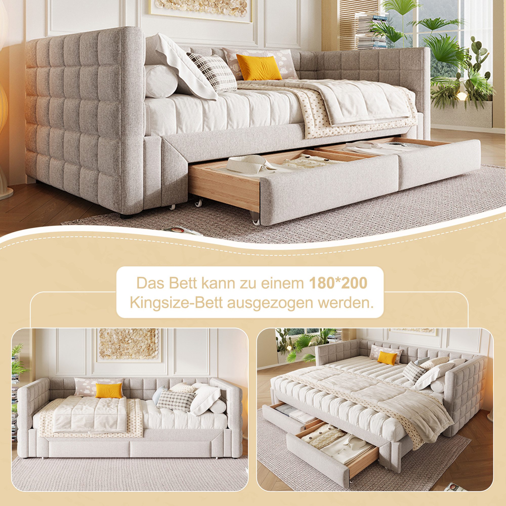 REDOM Daybett mit Stauraum & ausziehbarem Design (Polsterbett Funktionsbett günstig online kaufen