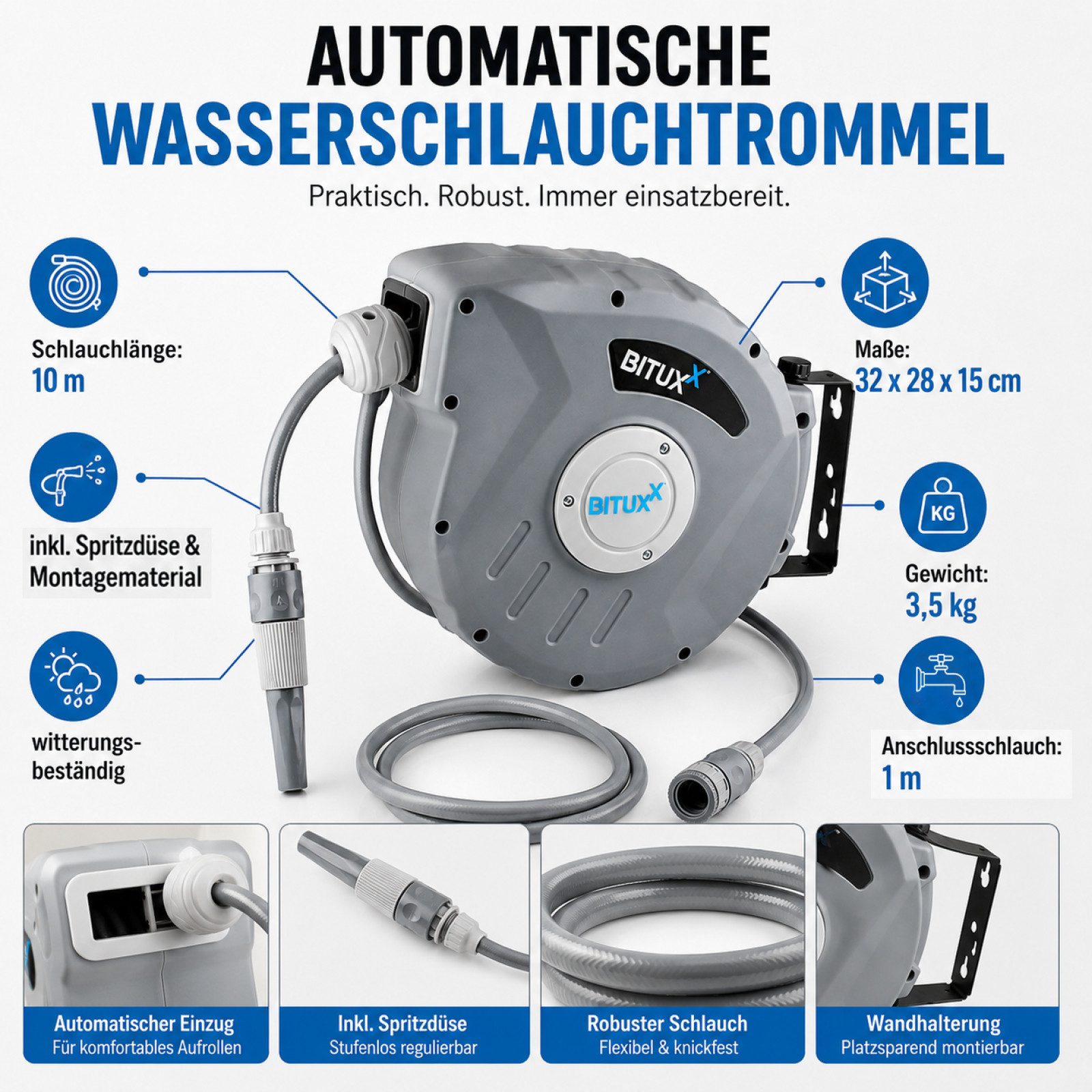 Bituxx Schlauchtrommel Wasser - 10 Meter Wand Wasserschlauchtrommel mit Automatik Aufroller, (1-tlg., MS-17755) – Bild 5 von 5