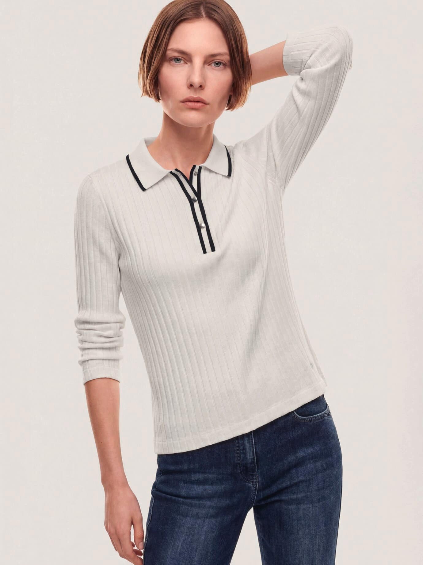 Walbusch Poloshirt Damen Poloshirt mit Rippenstruktur Polokragen Langarm, Polokragen