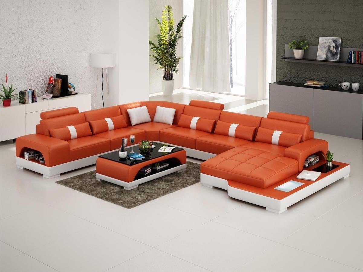 Orange/Weiß Eckgarnitur Ecksofa, Luxus Ledersofa sofa Wohnlandschaft Design JVmoebel led