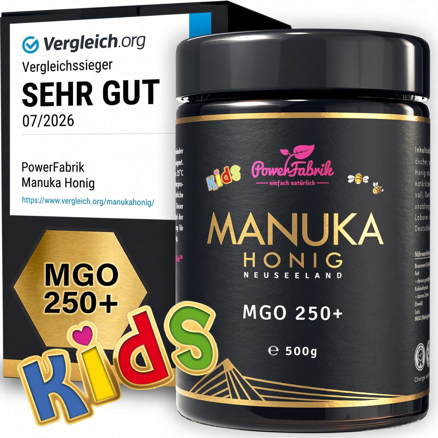 PowerFabrik Honig Manuka Honig MGO 250+ Kinder, 500g, Original aus Neuseeland, im Glas, 1 x