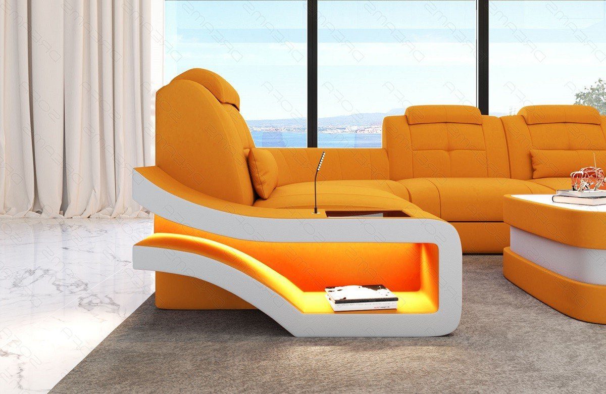 Sofa orange-weiß Stoff Wohnlandschaft U Stoffsofa Dreams Form M Polster - Bettfunktion wahlweise Couch mit Elegante Sofa,