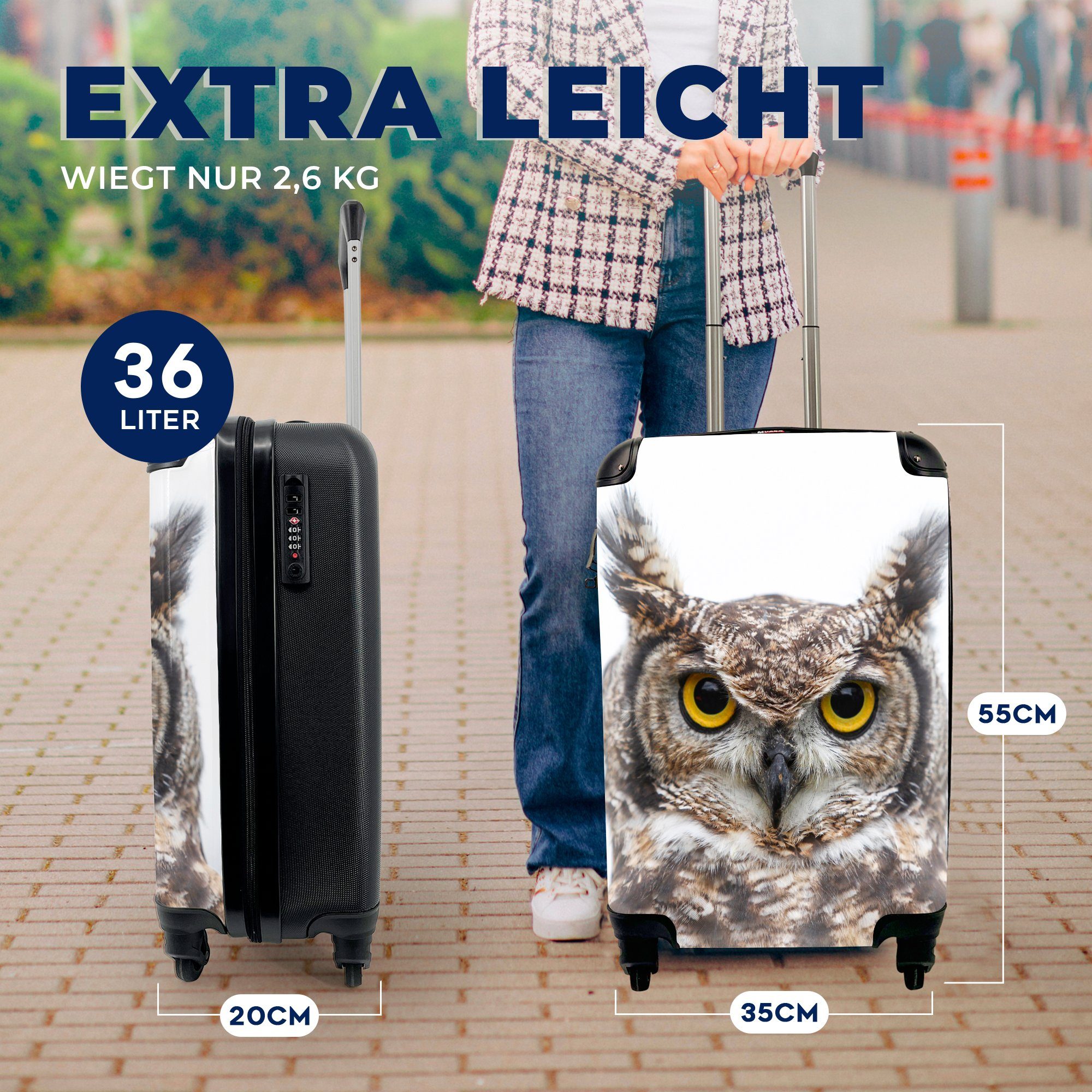 MuchoWow Handgepäckkoffer Porträt einer braunen Reisetasche Handgepäck Trolley, rollen, Ferien, Eule weißem Hintergrund, Reisekoffer 4 Rollen, mit für auf